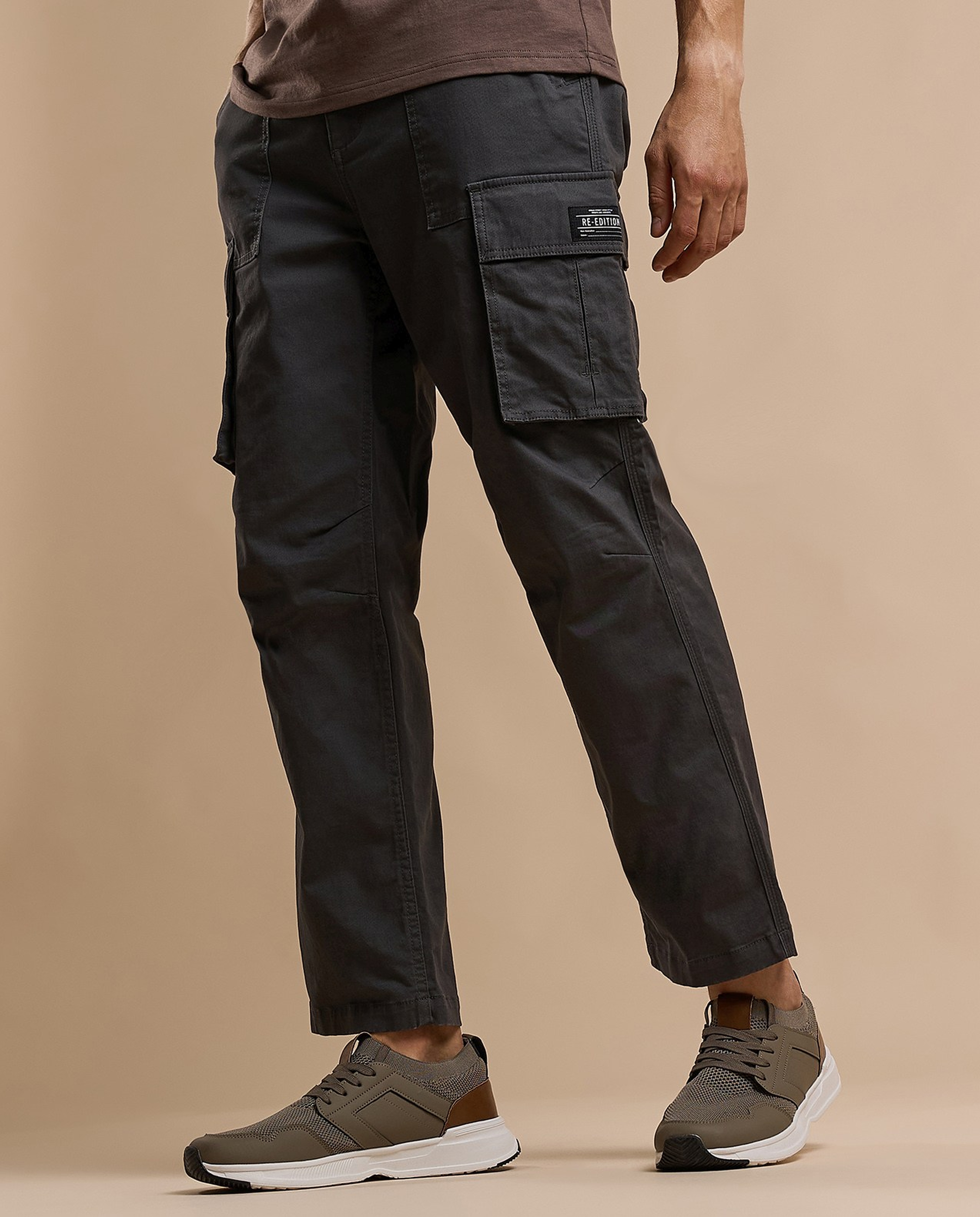 Solid Cargo Pants with Button Closure