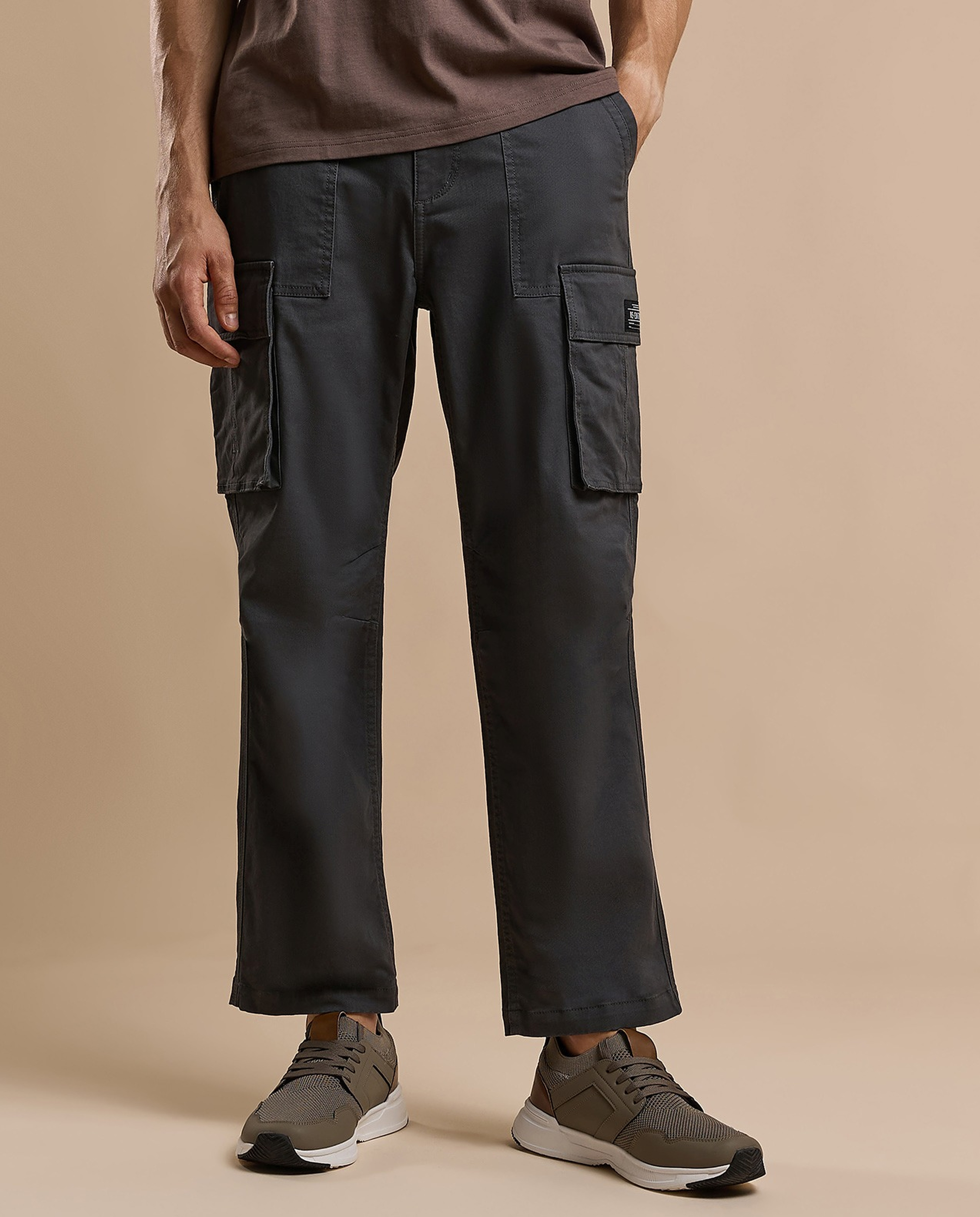 Solid Cargo Pants with Button Closure