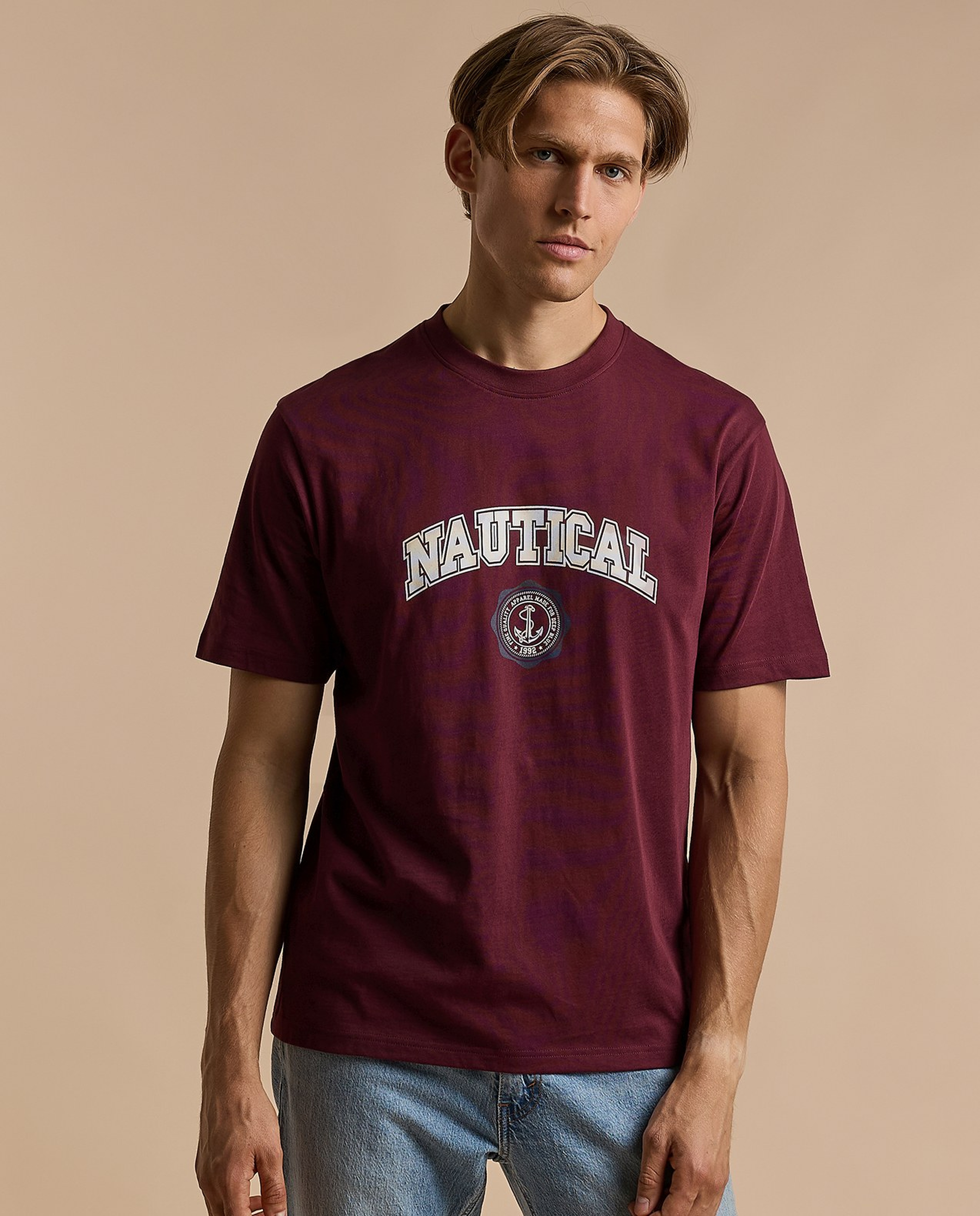 Typography Print T-Shirt with Crew Neck and Short Sleeves