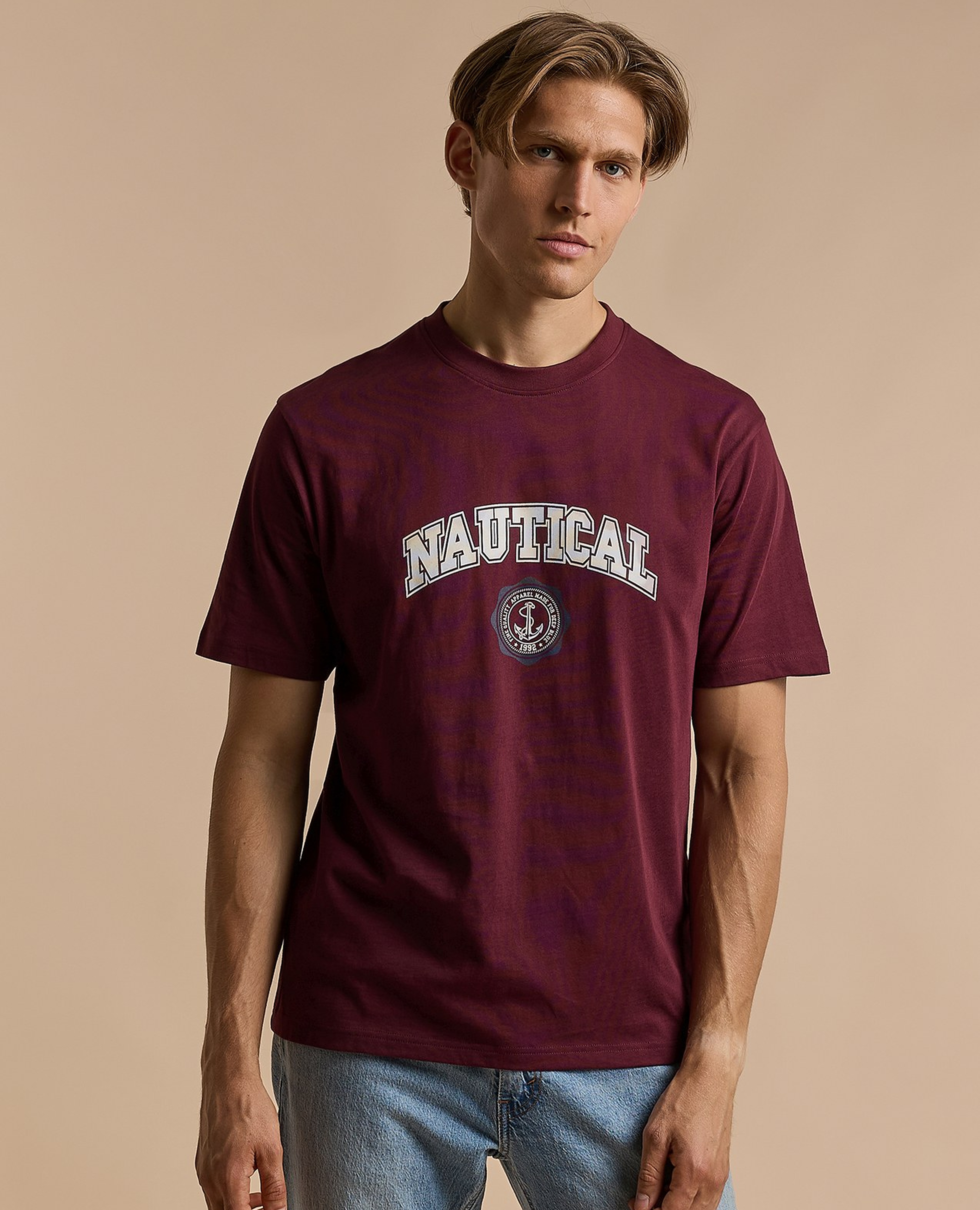 Typography Print T-Shirt with Crew Neck and Short Sleeves