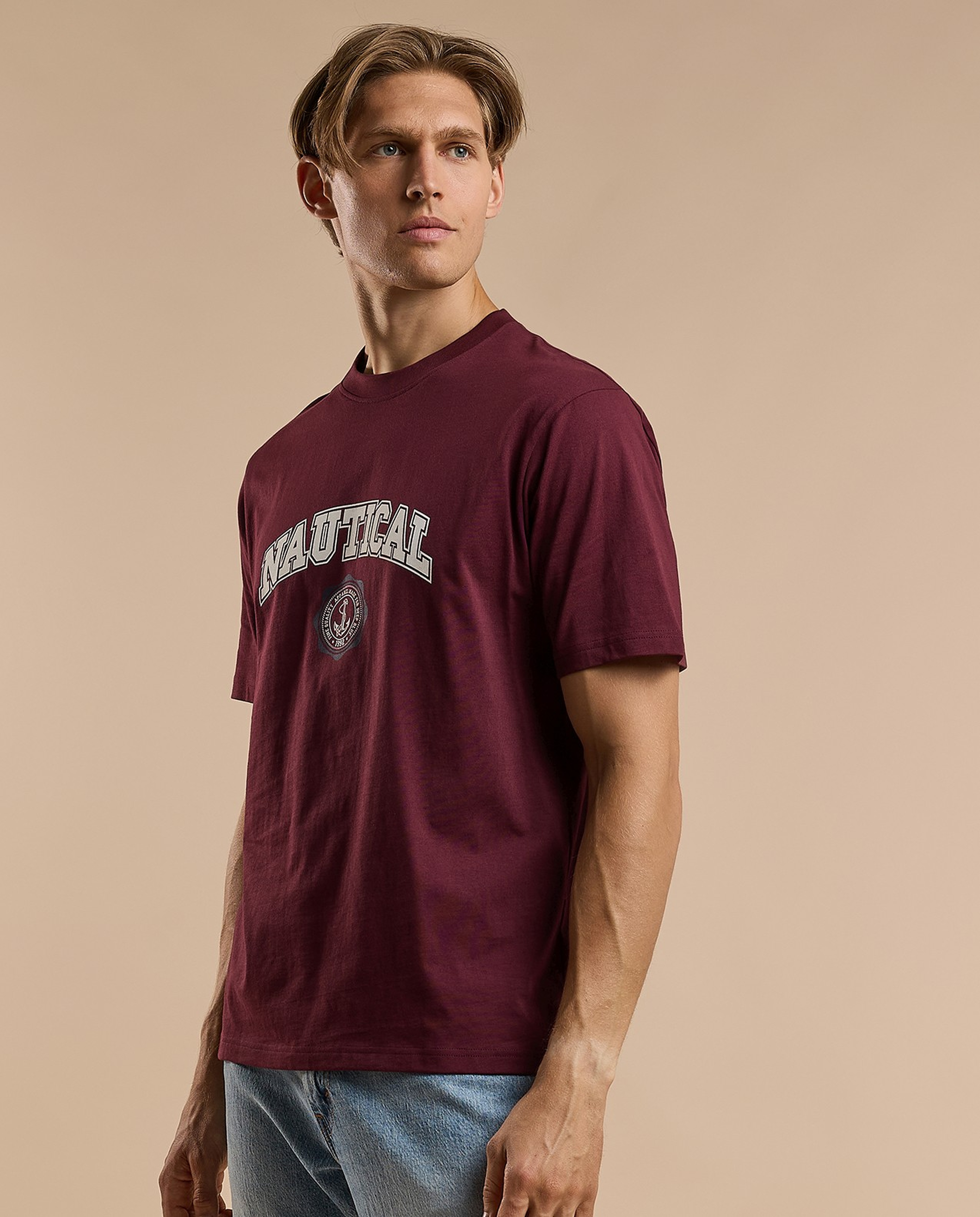 Typography Print T-Shirt with Crew Neck and Short Sleeves