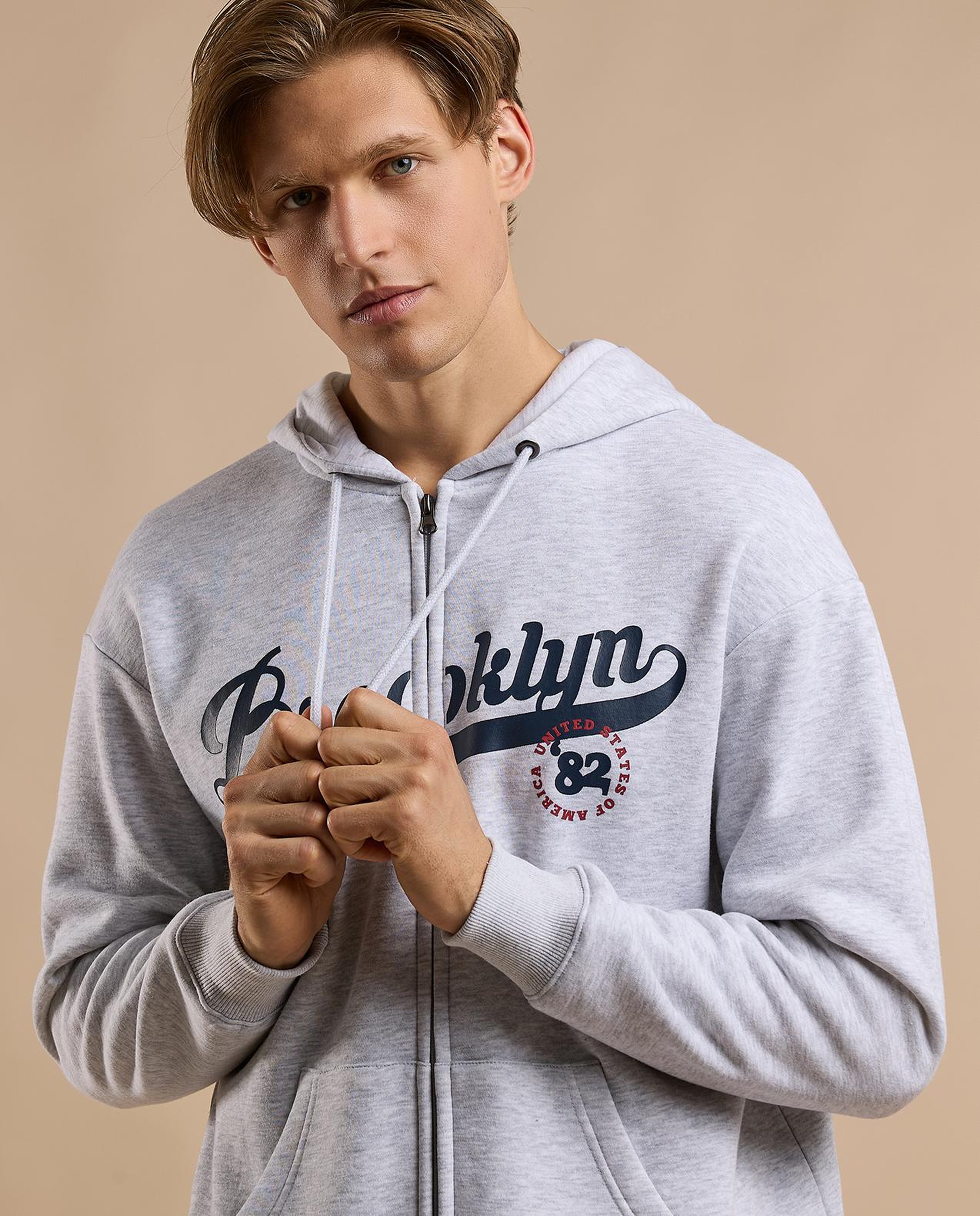 Typography Print Hooded Jacket with Zipper Closure