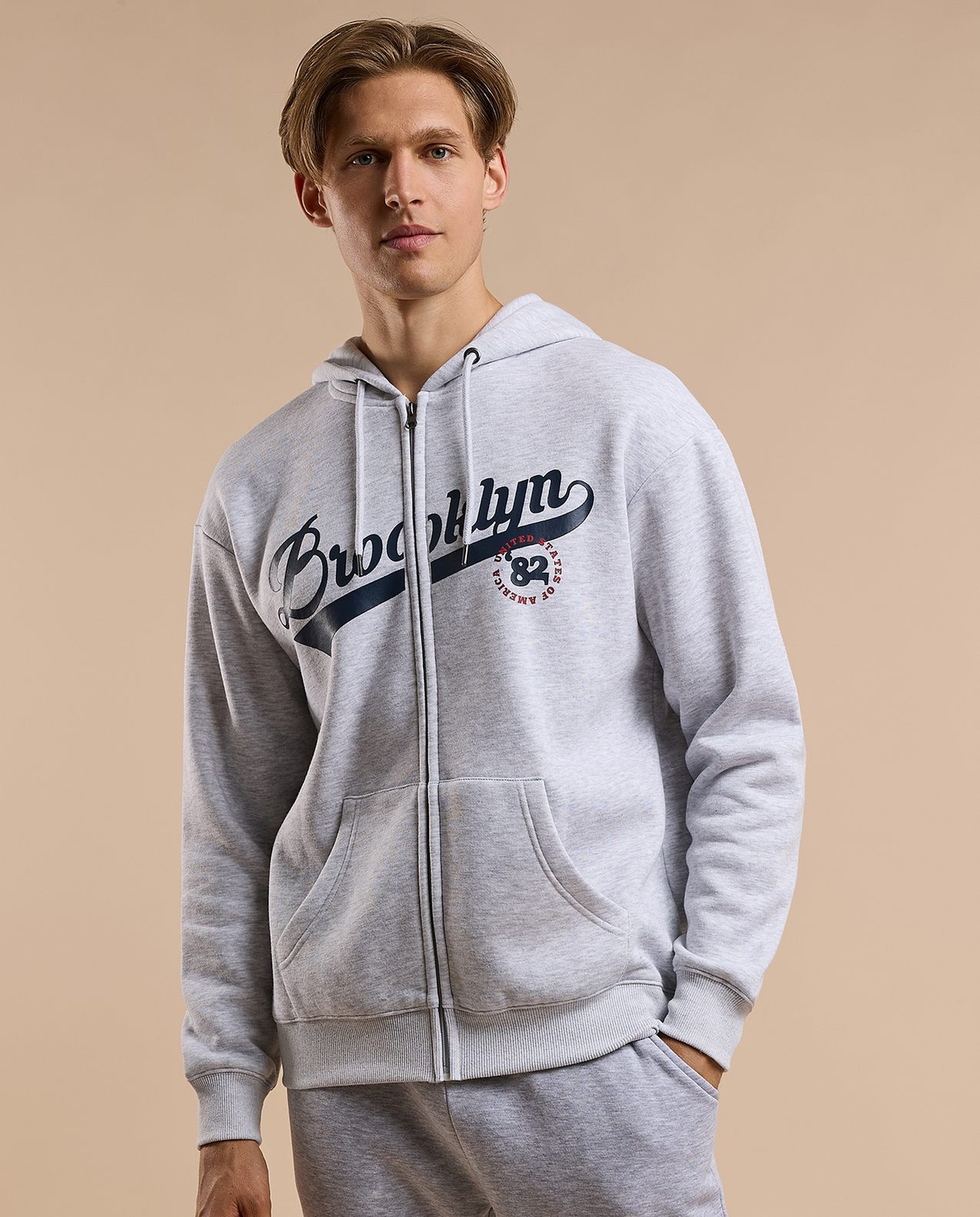 Typography Print Hooded Jacket with Zipper Closure