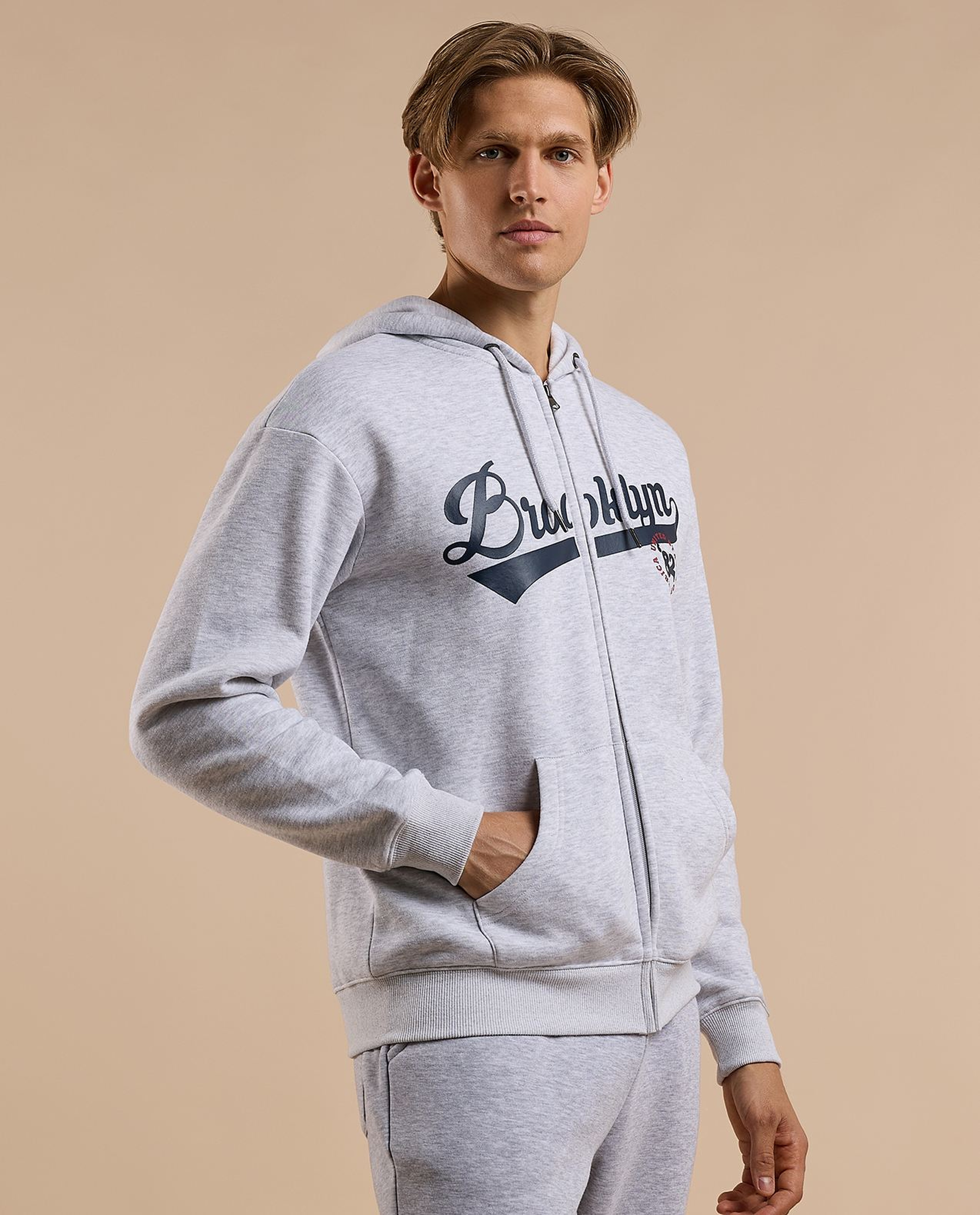 Typography Print Hooded Jacket with Zipper Closure