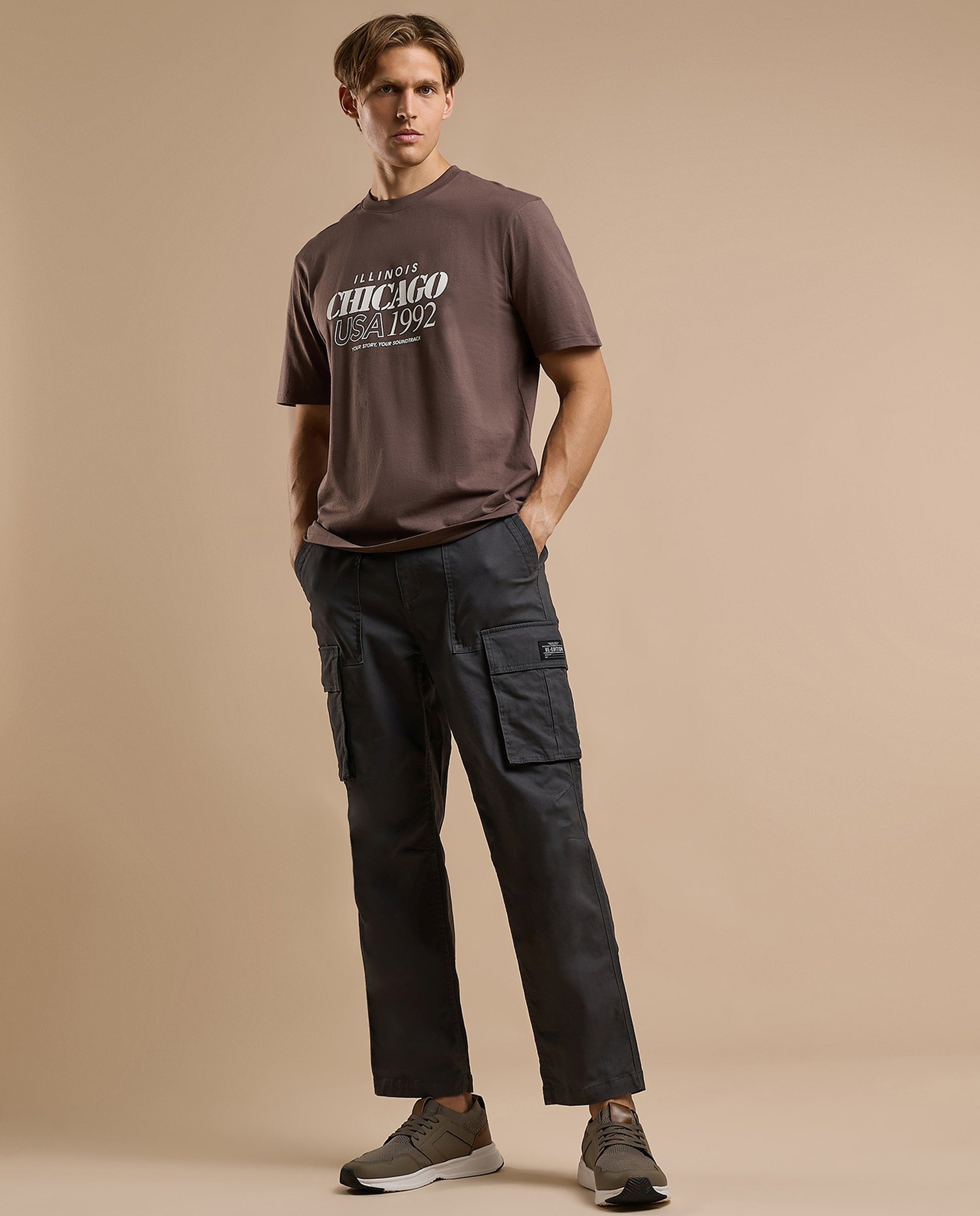 Solid Cargo Pants with Button Closure