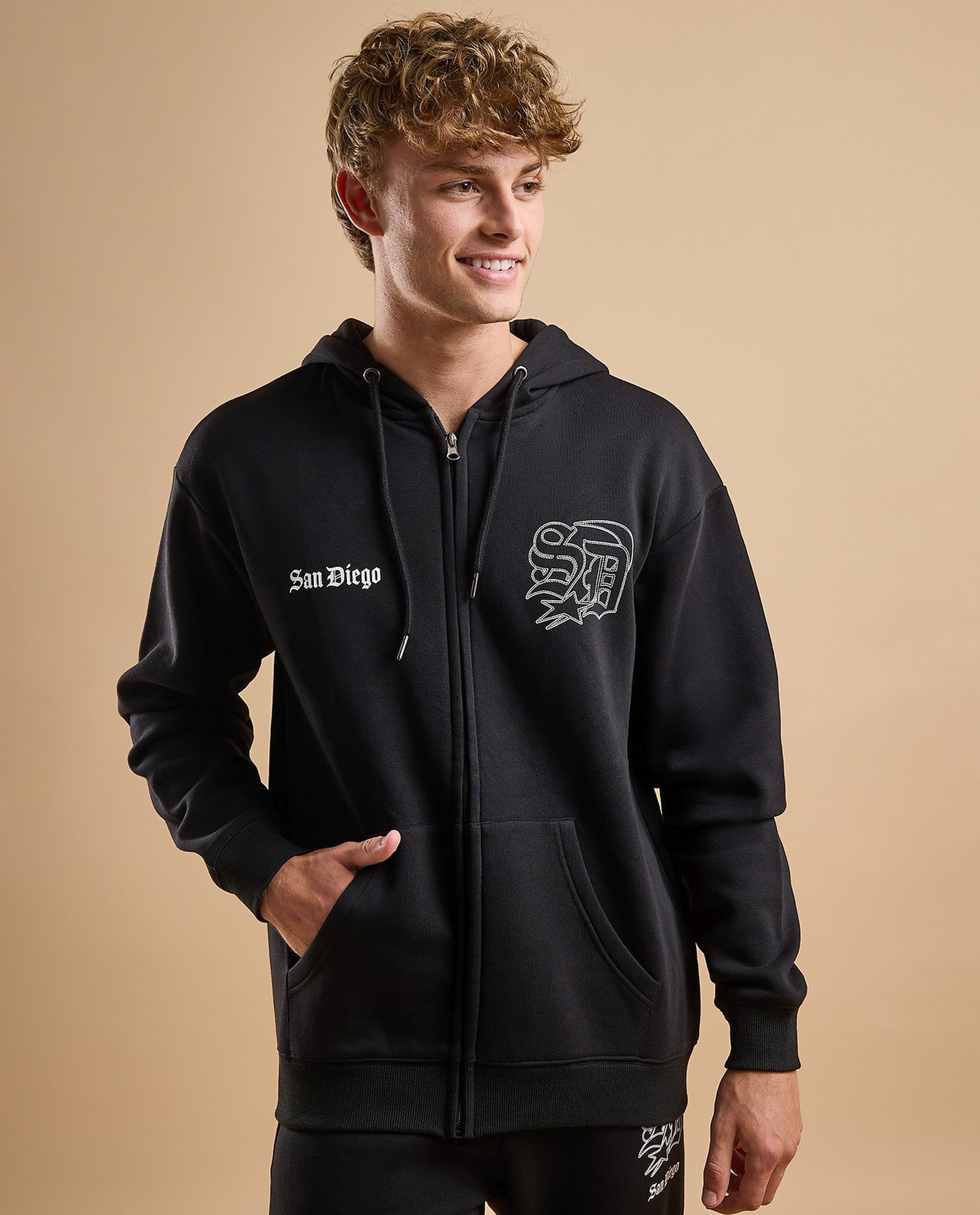 Printed Hooded Jacket with Zipper Closure