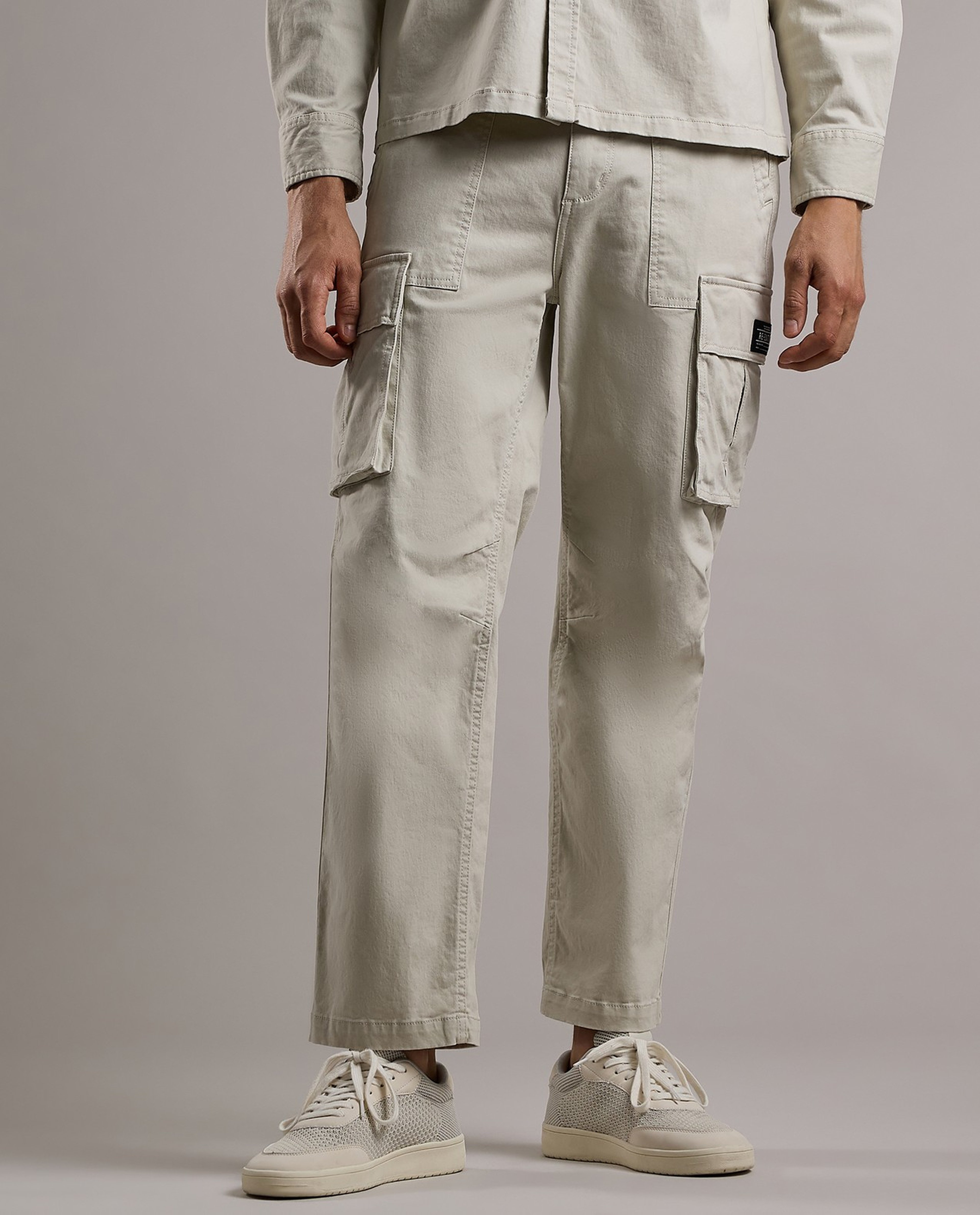 Solid Cargo Pants with Button Closure