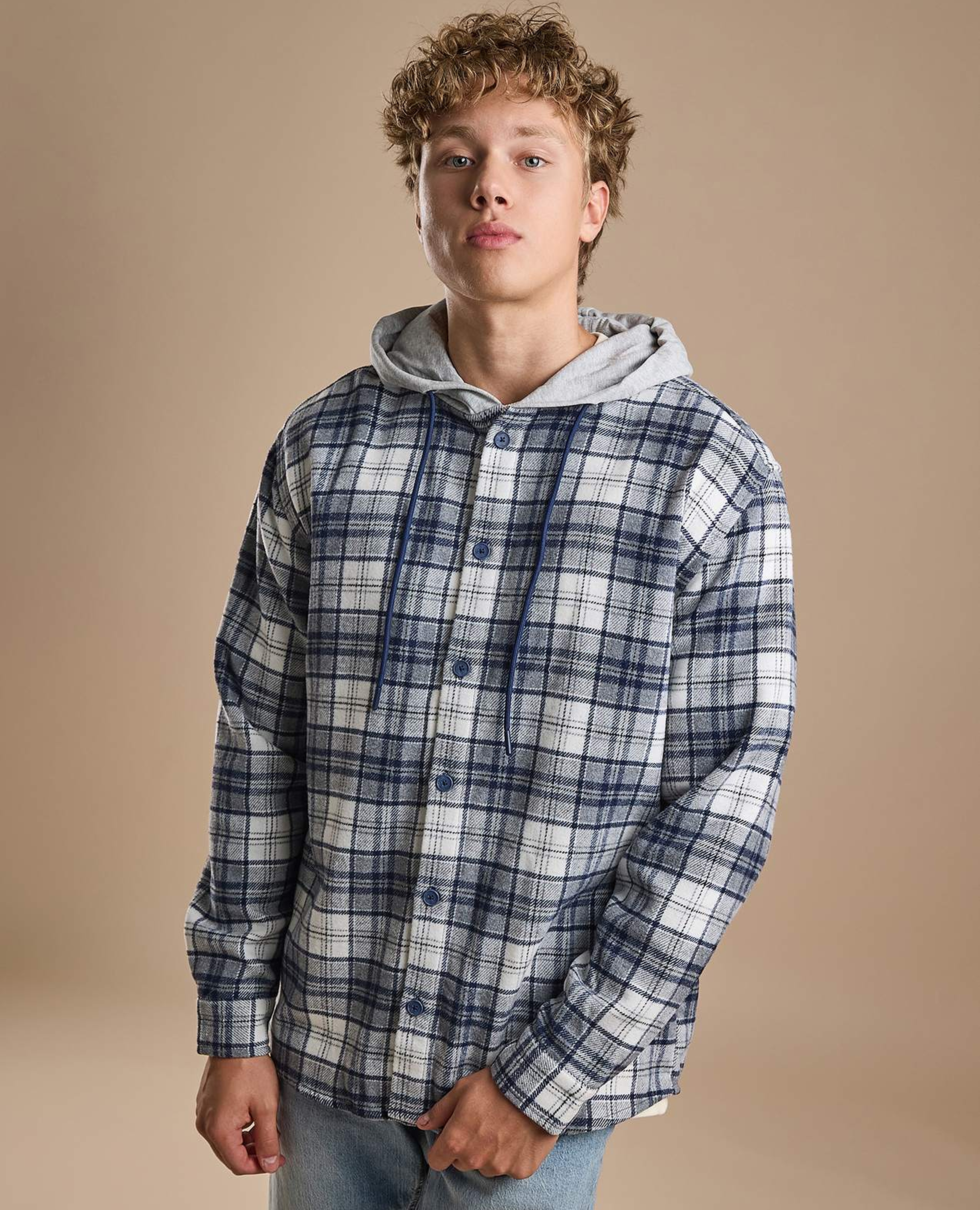Plaid Hooded Shirt with Long Sleeves