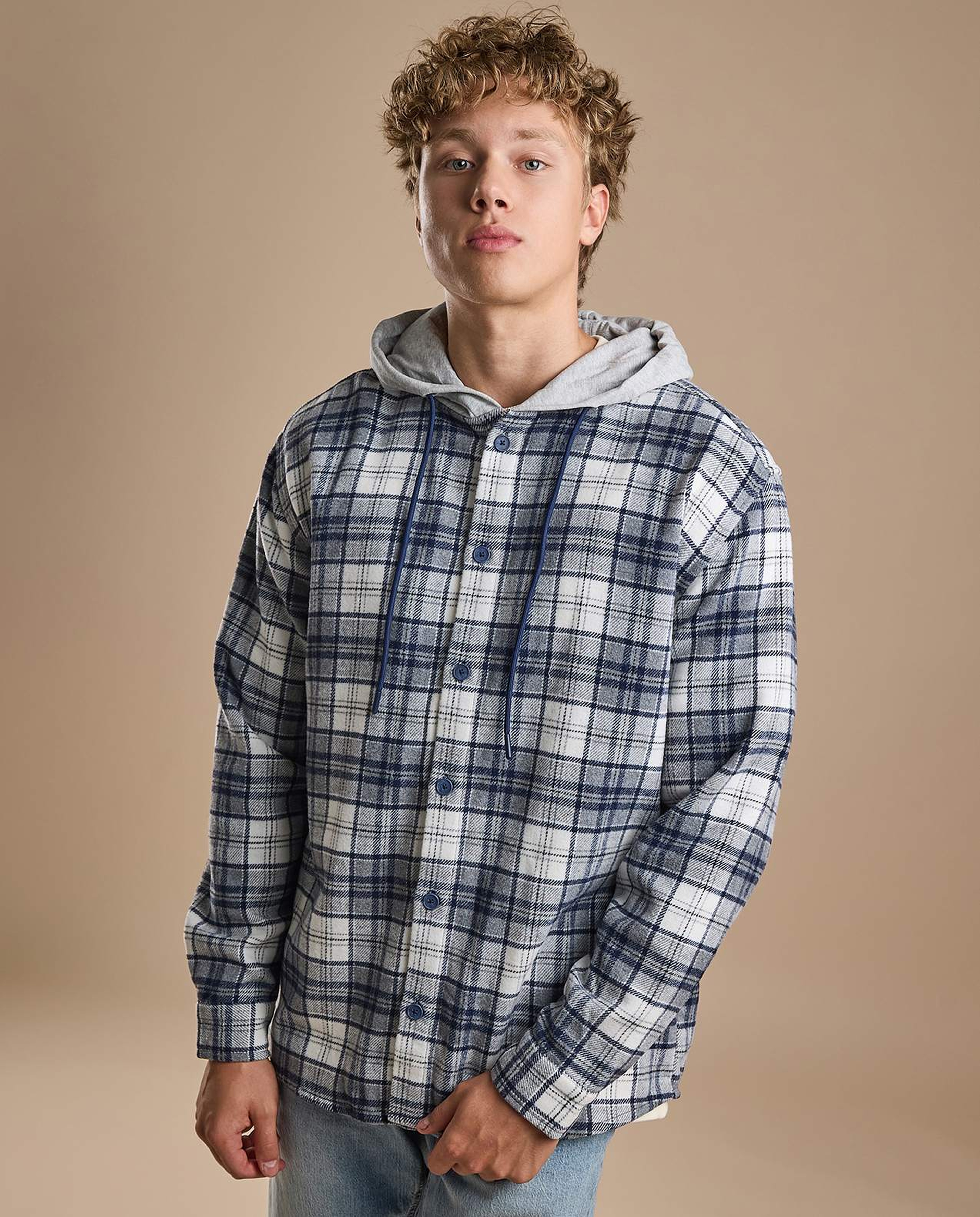 Plaid Hooded Shirt with Long Sleeves