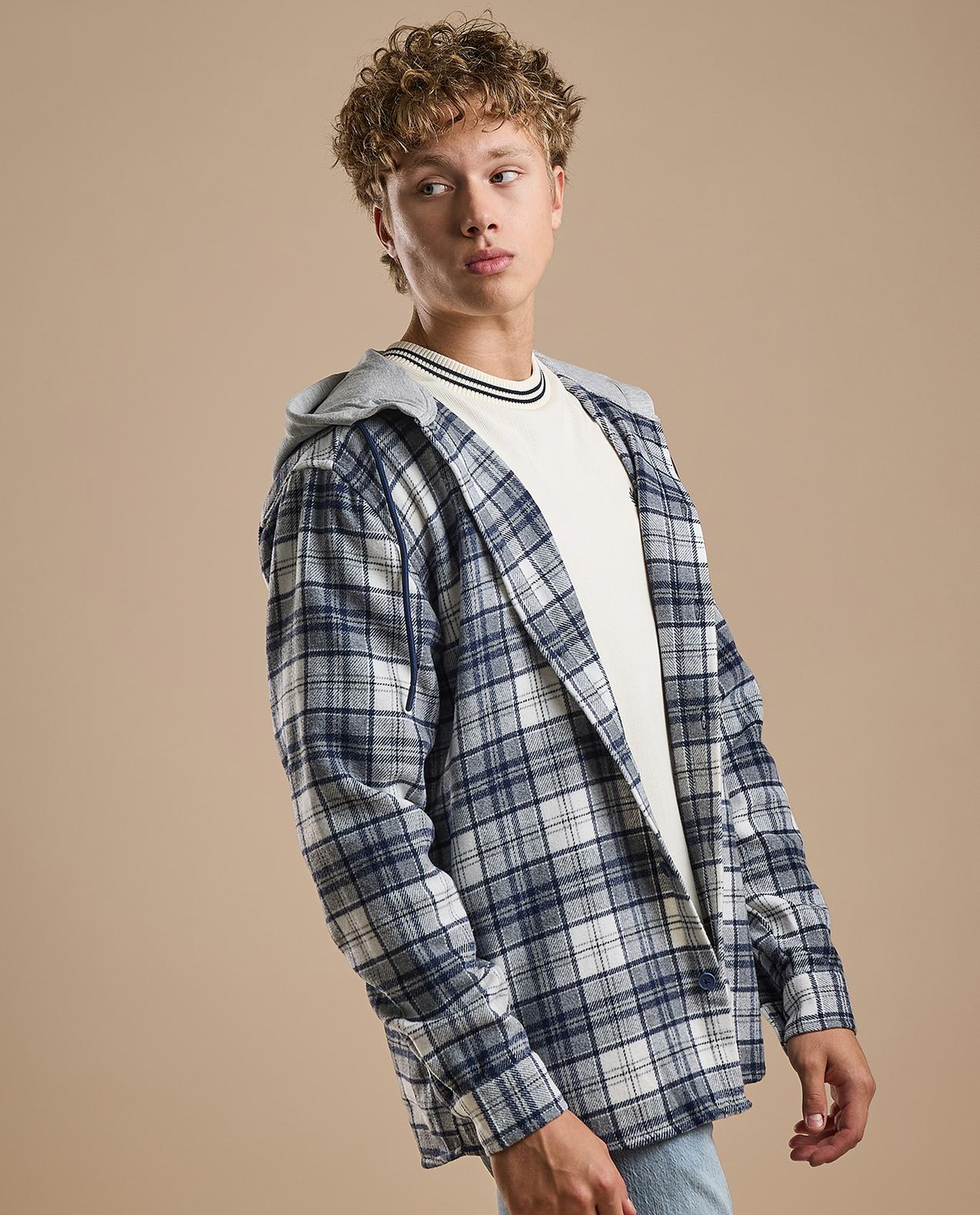 Plaid Hooded Shirt with Long Sleeves