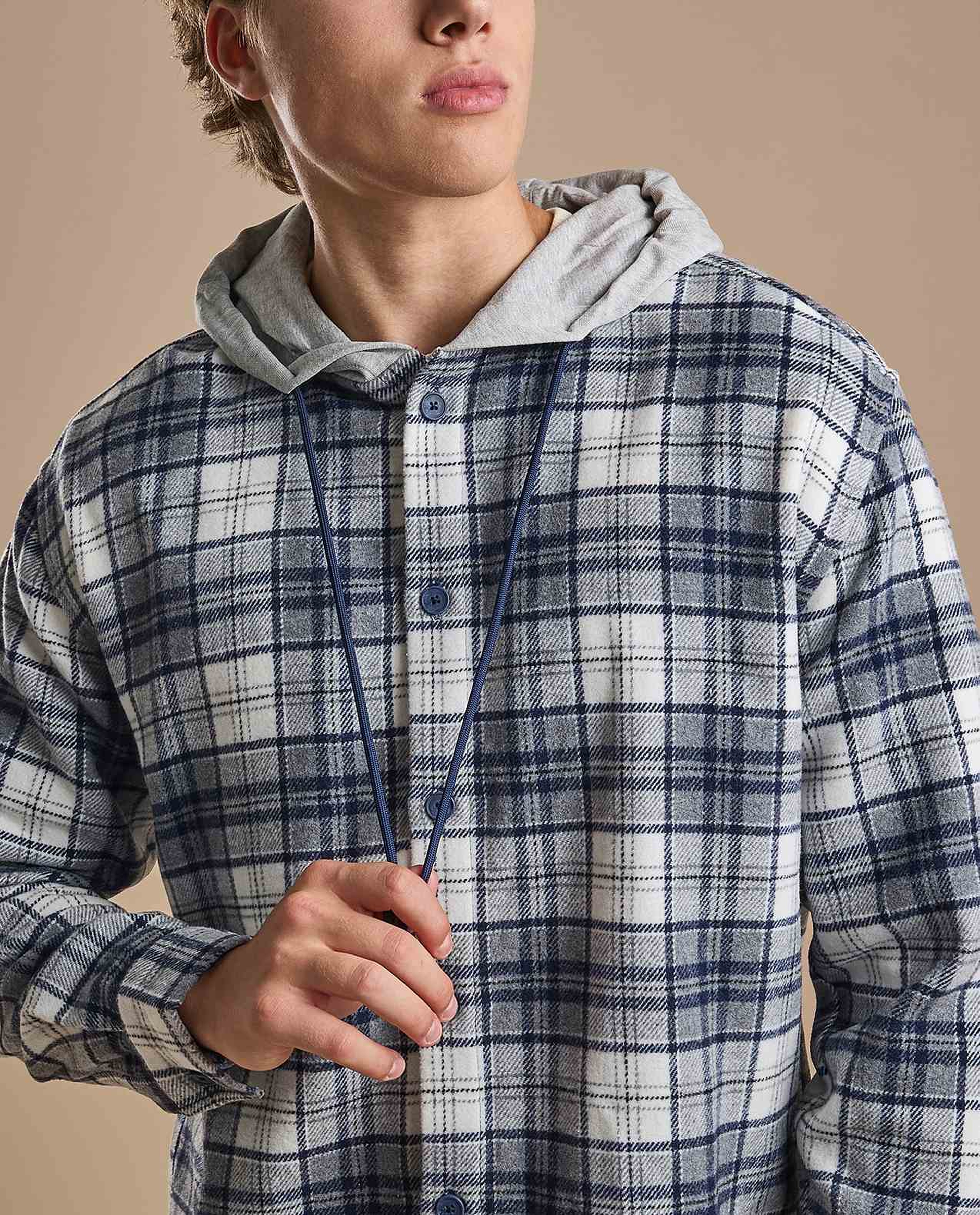 Plaid Hooded Shirt with Long Sleeves