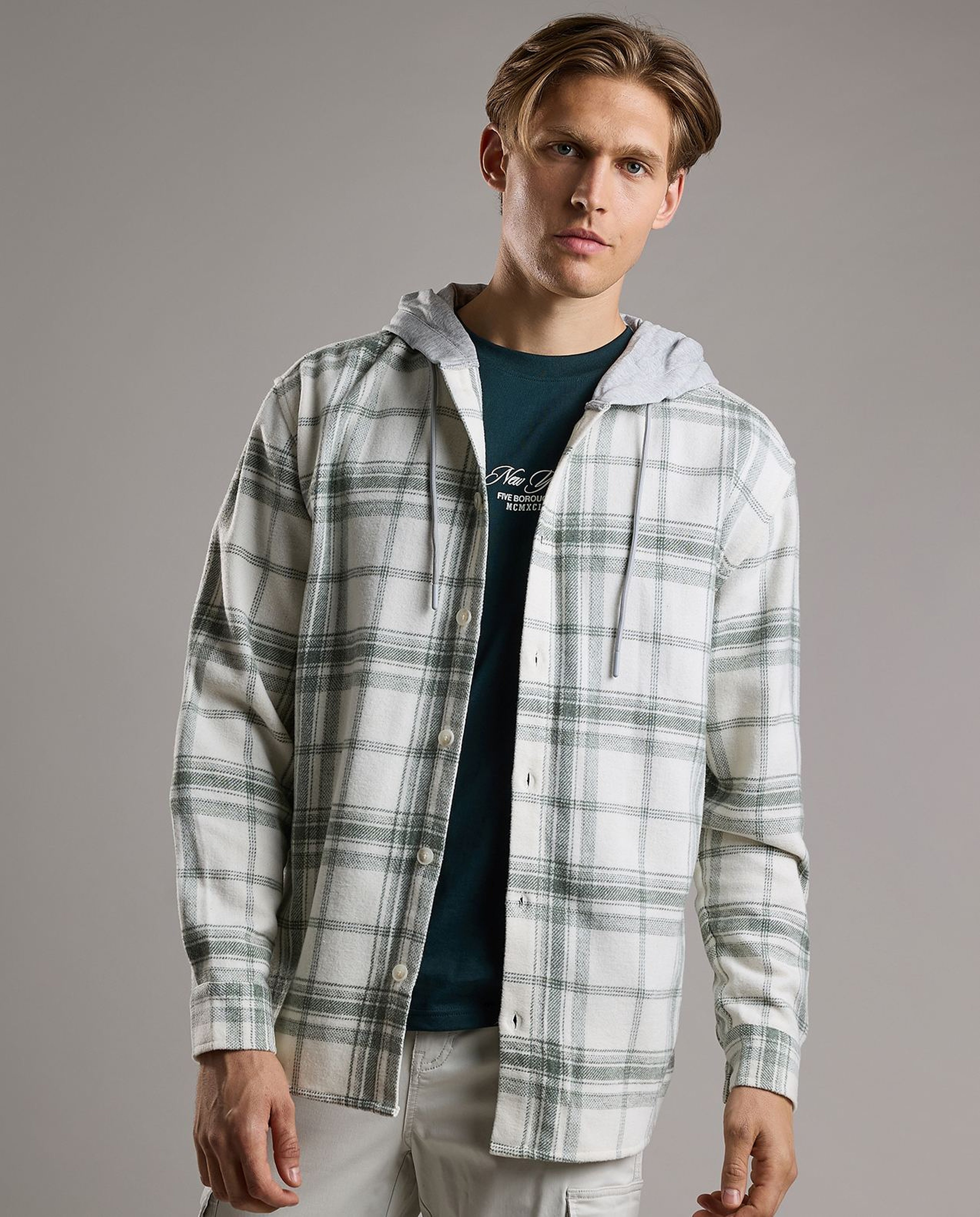 Plaid Hooded Shirt with Long Sleeves