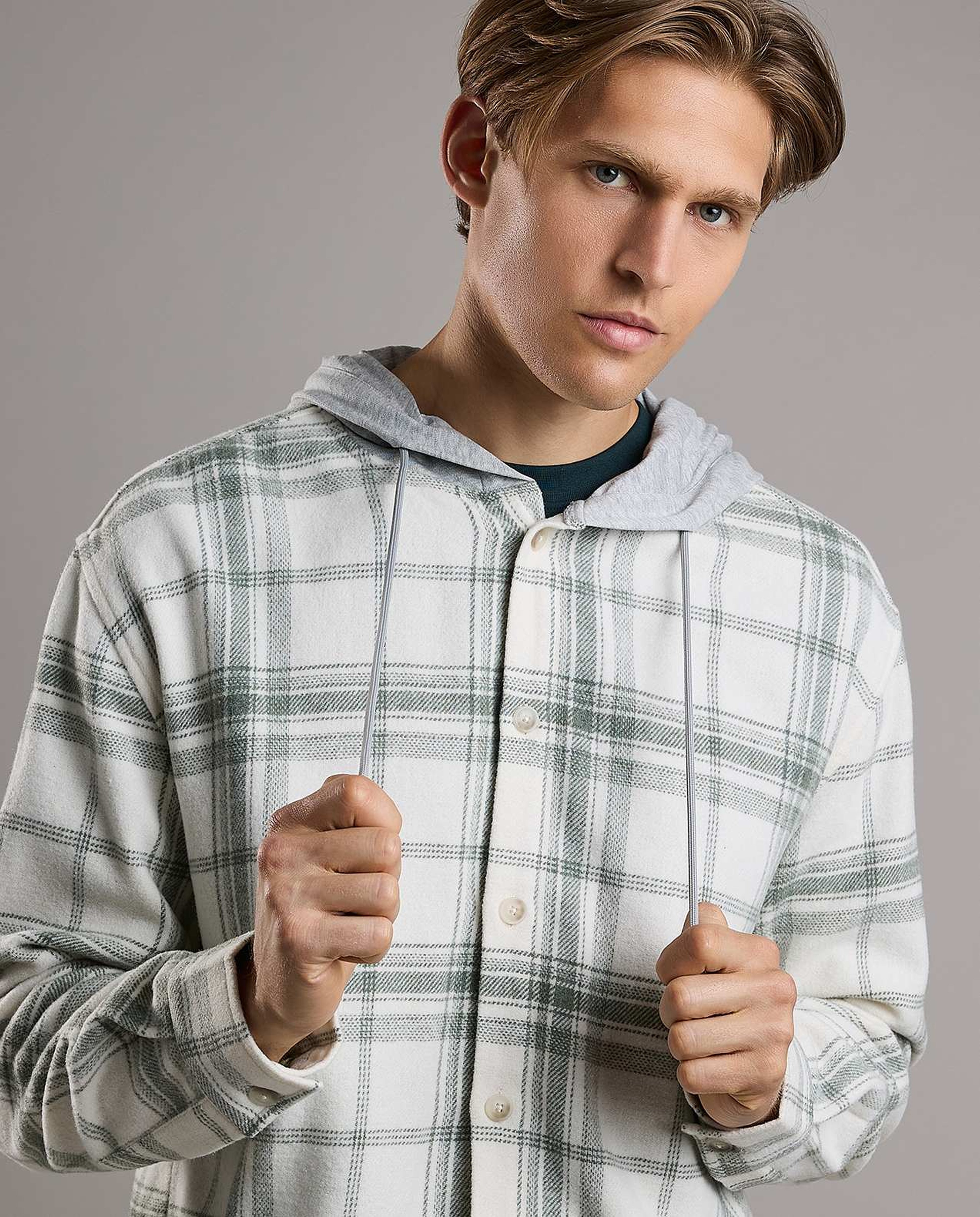 Plaid Hooded Shirt with Long Sleeves