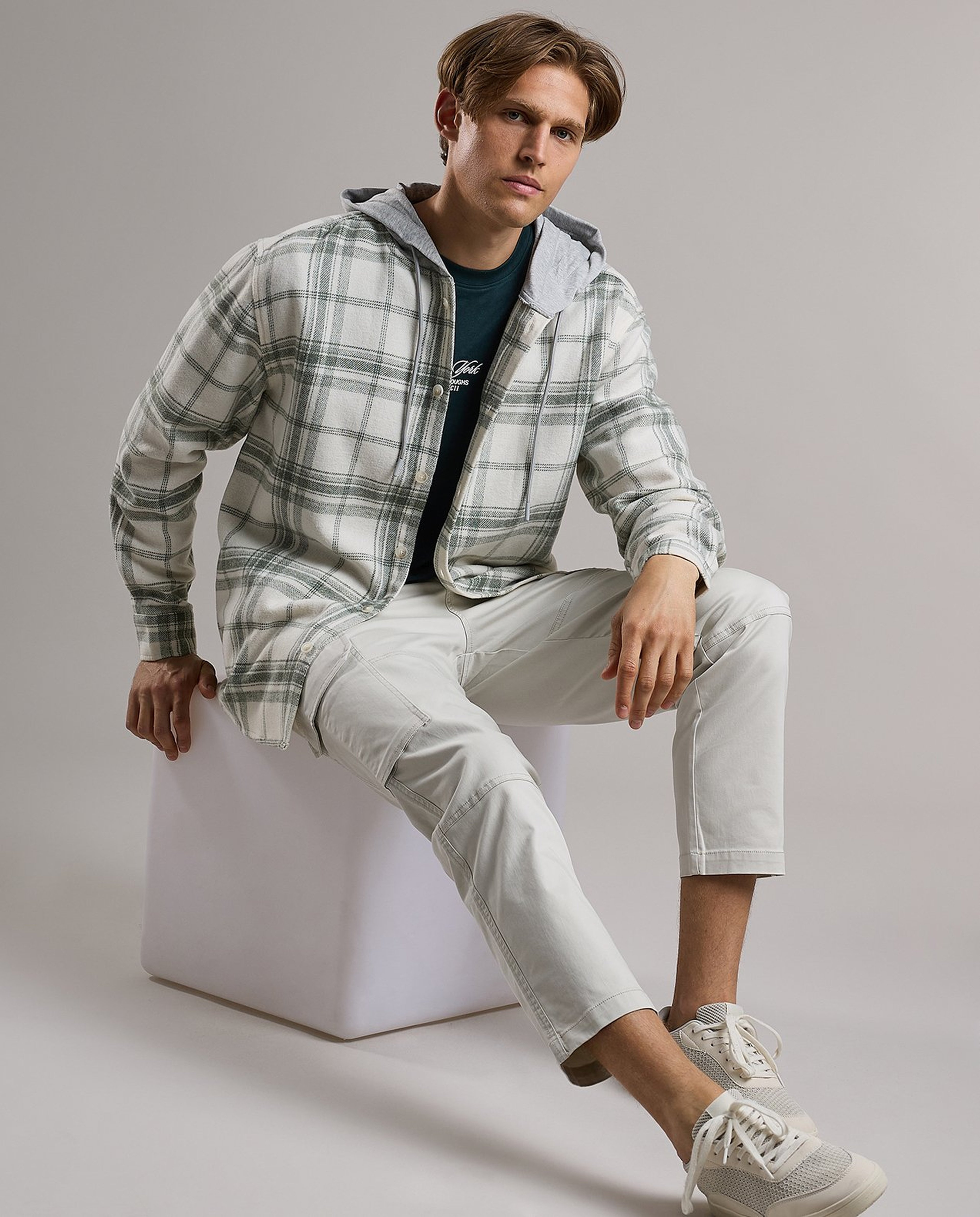 Plaid Hooded Shirt with Long Sleeves