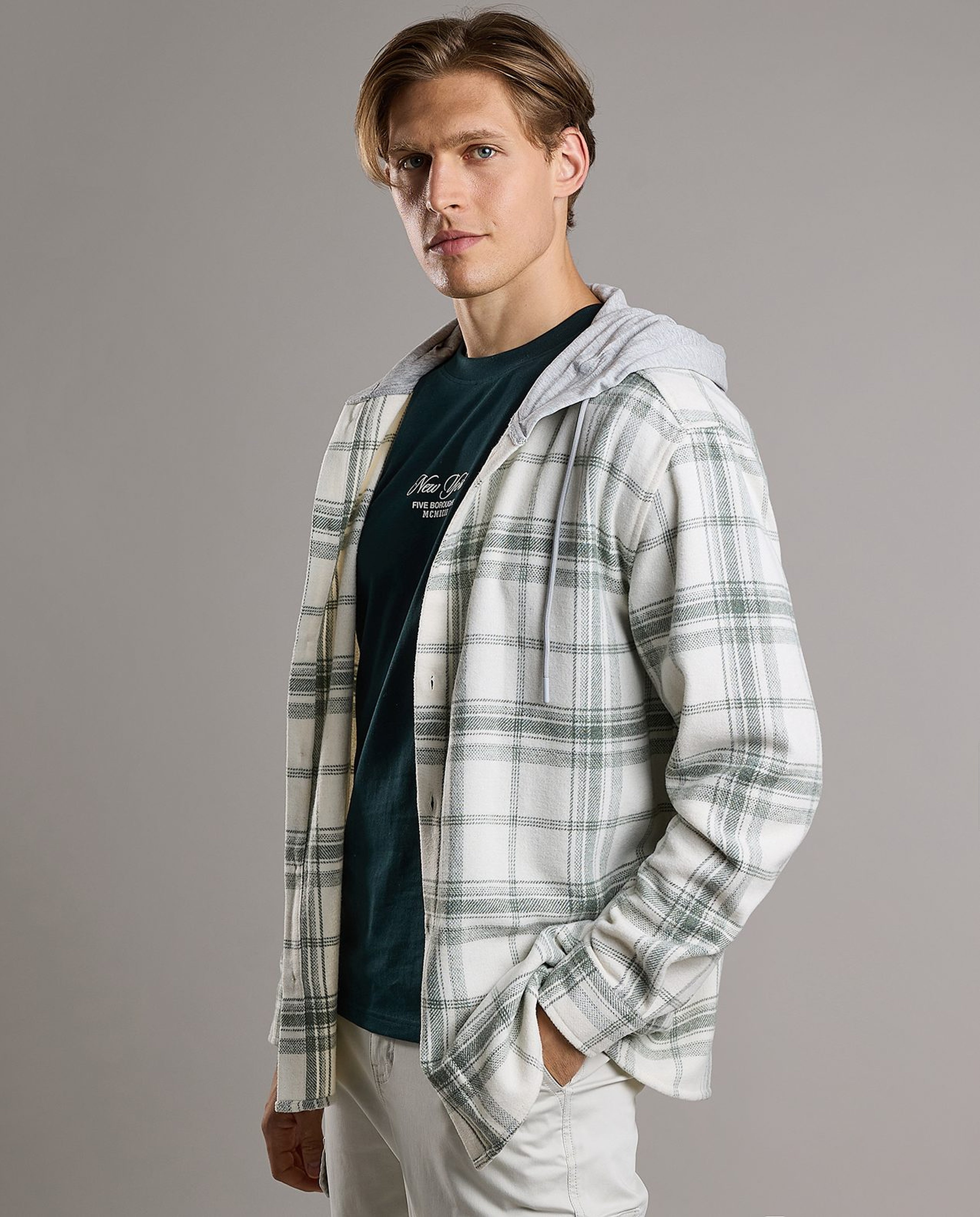 Plaid Hooded Shirt with Long Sleeves