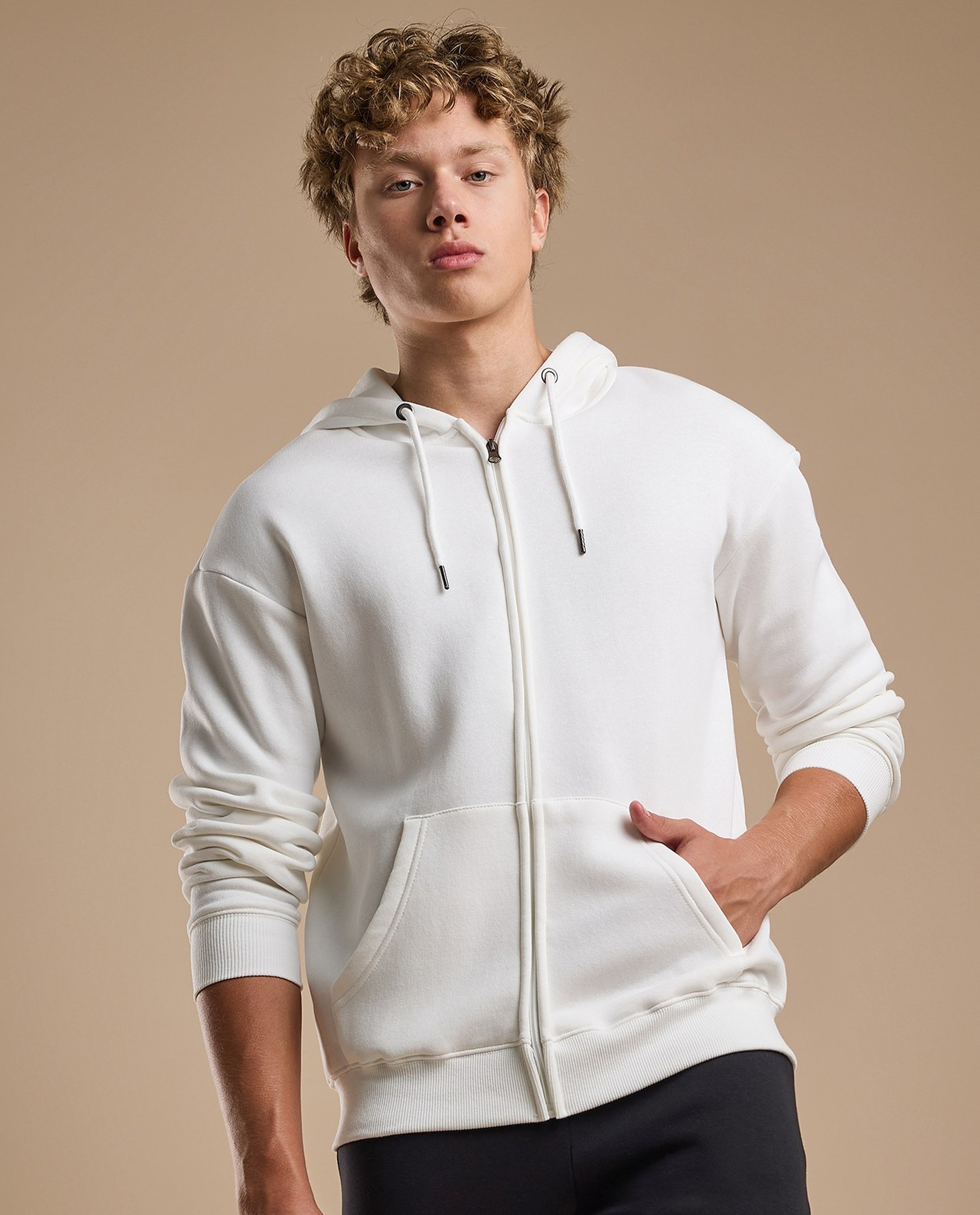 Solid Hooded Jacket with Zipper Closure