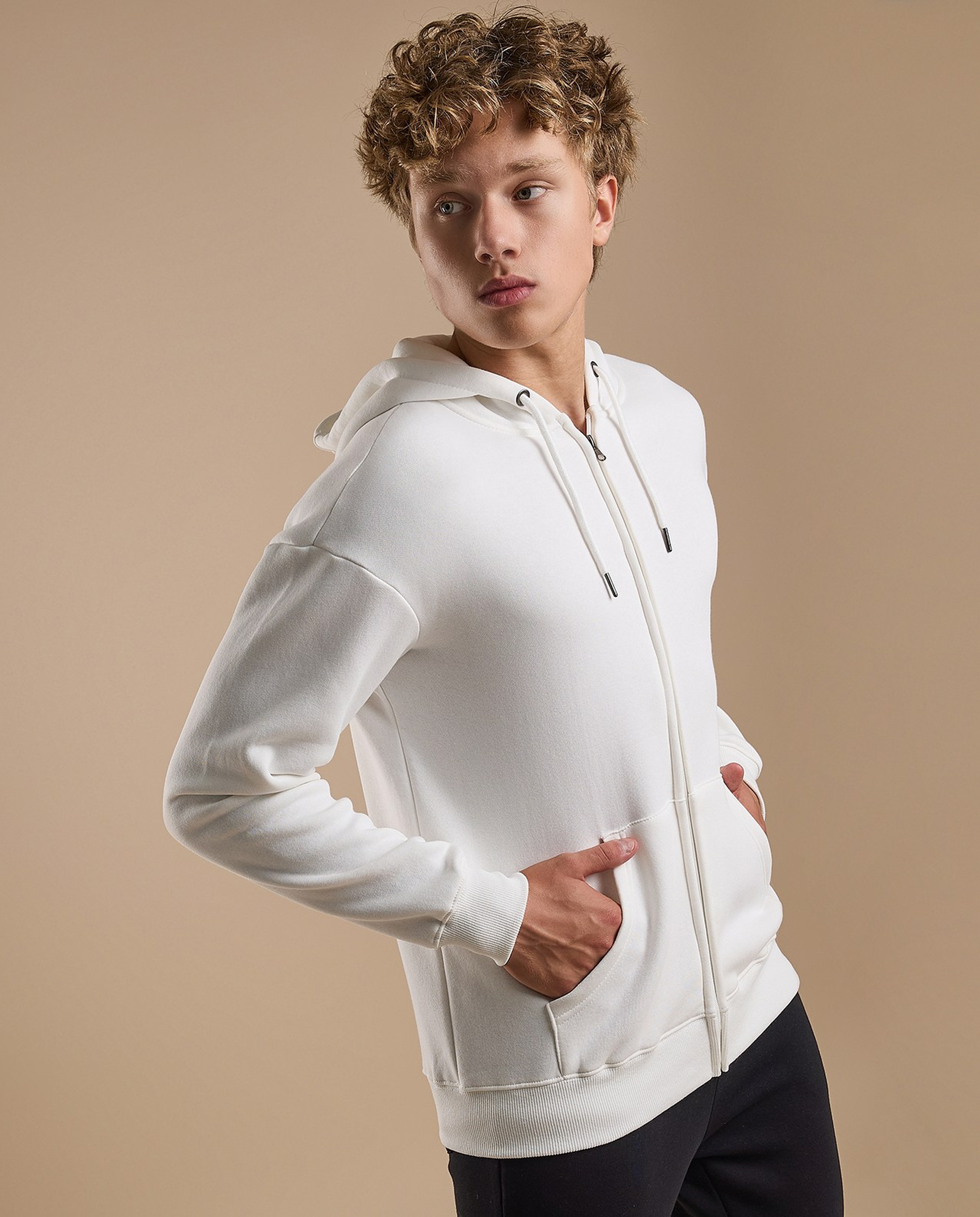 Solid Hooded Jacket with Zipper Closure