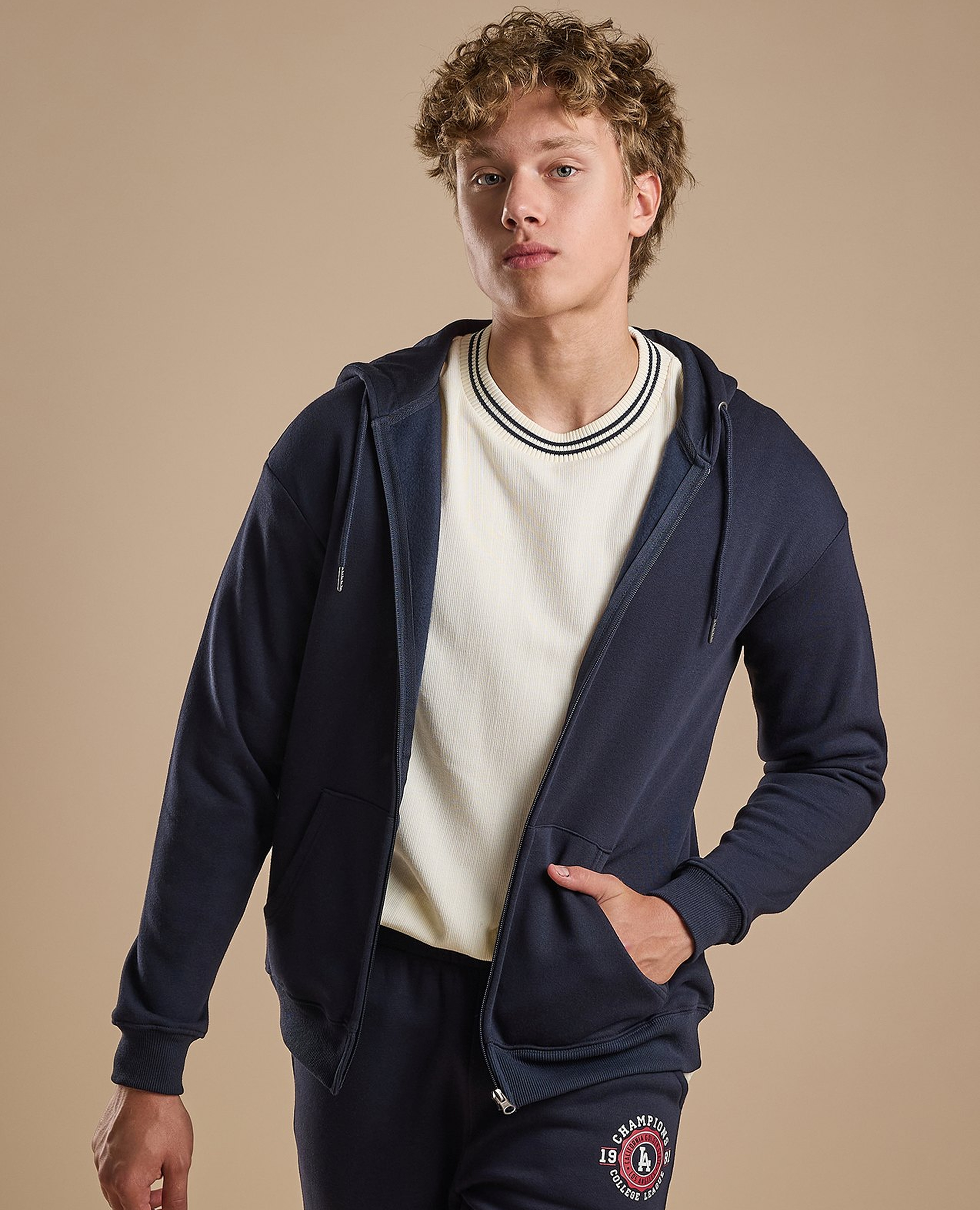 Solid Hooded Jacket with Zipper Closure