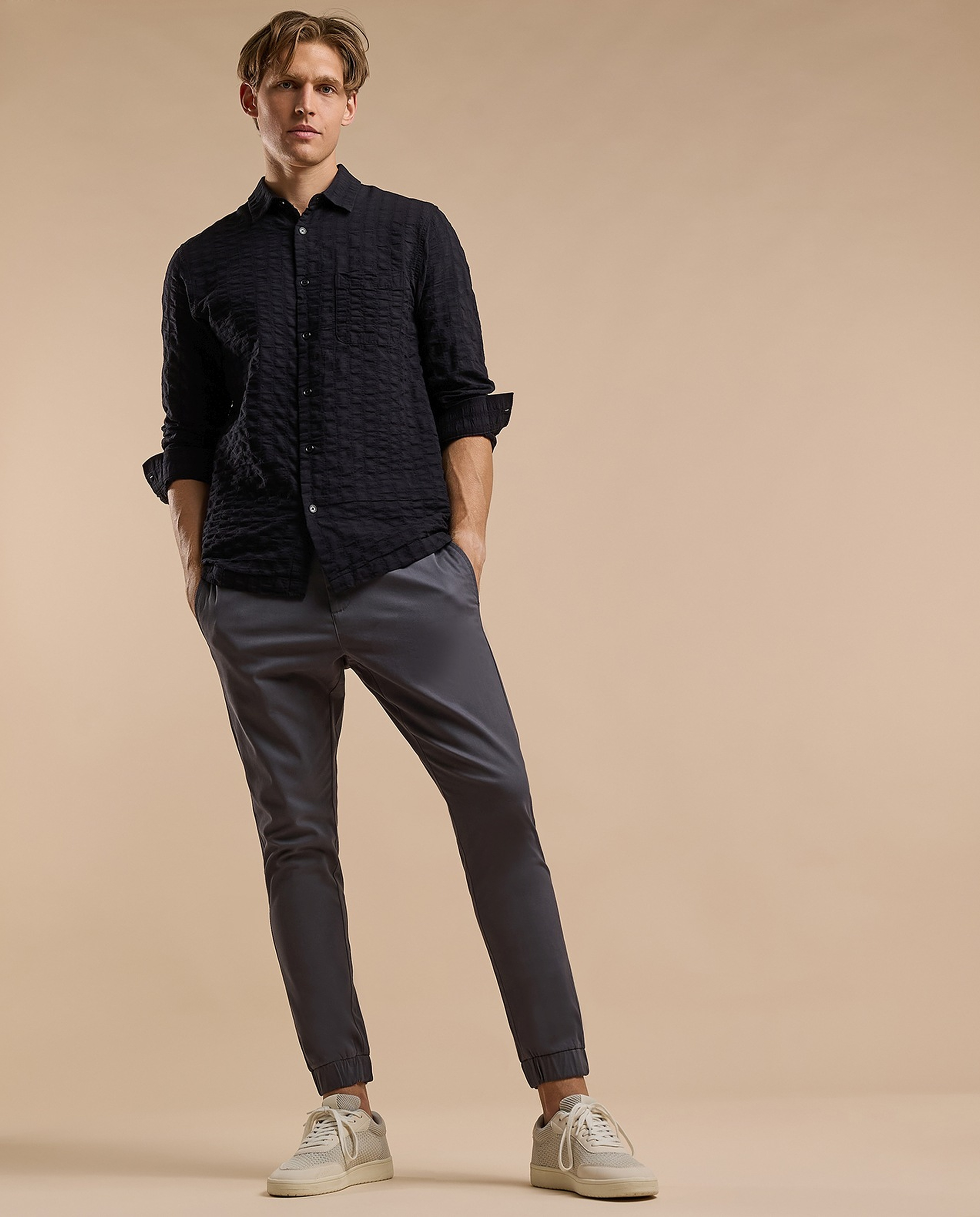 Textured Hooded Shirt with Classic Collar and Long Sleeves