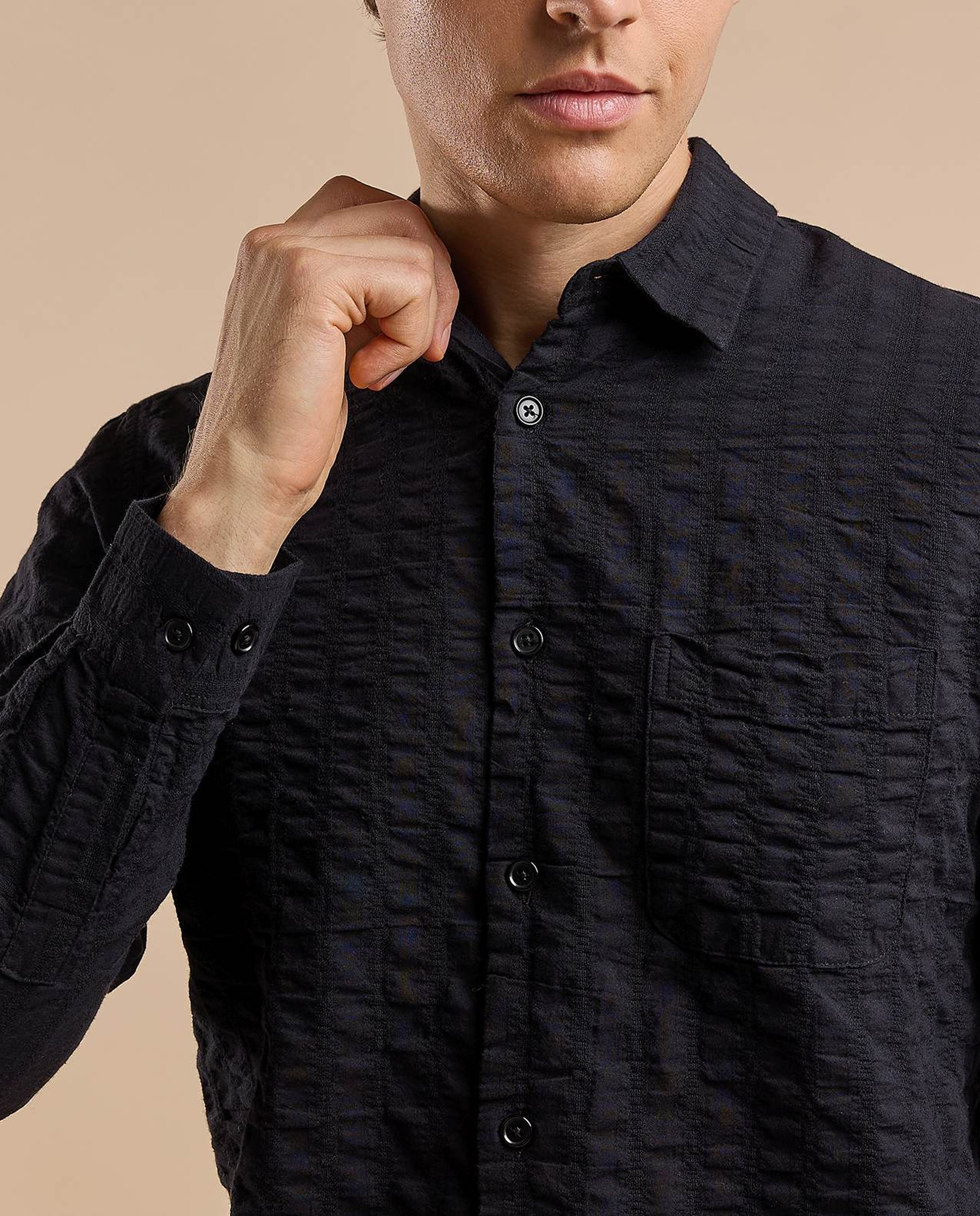 Textured Hooded Shirt with Classic Collar and Long Sleeves