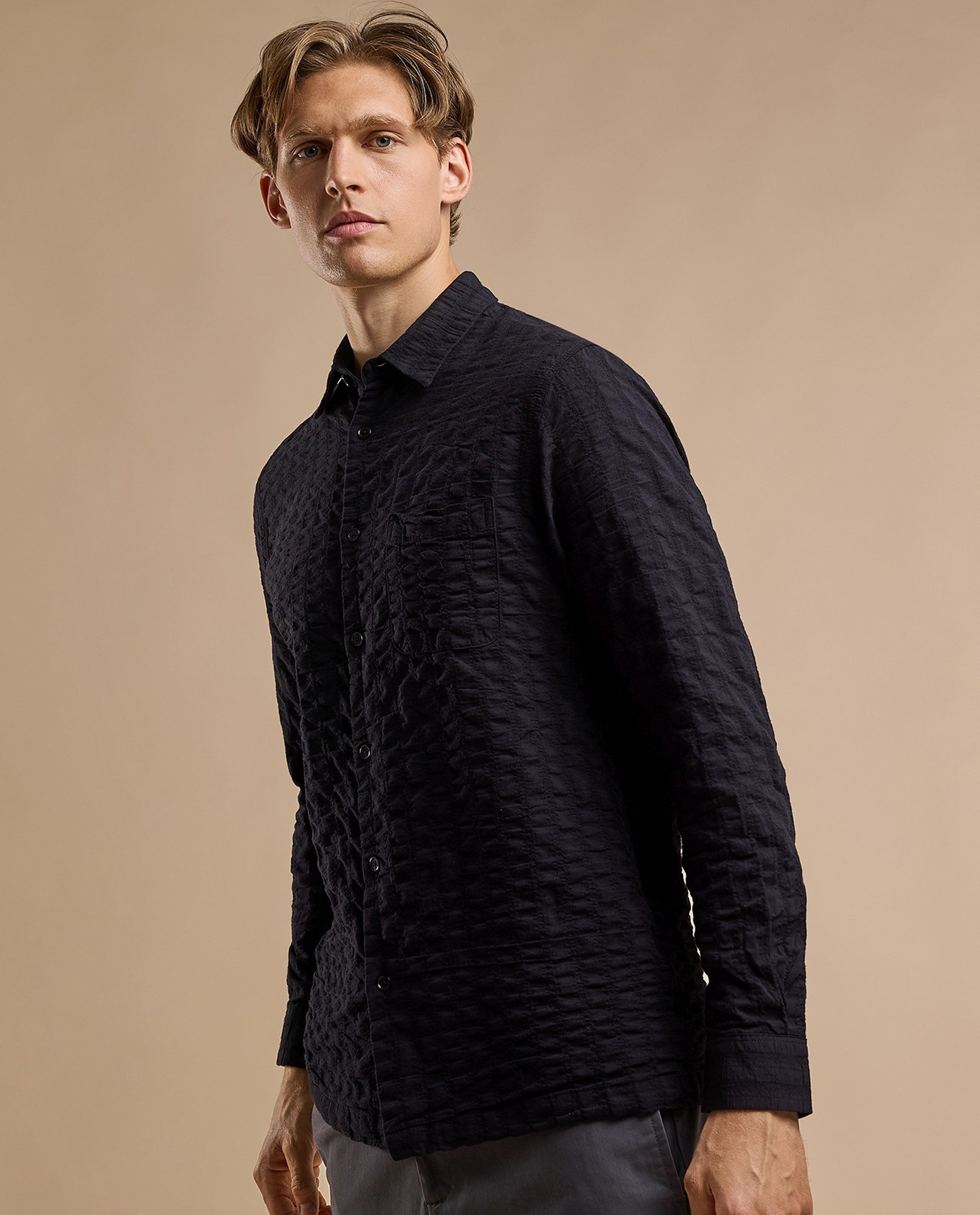 Textured Hooded Shirt with Classic Collar and Long Sleeves