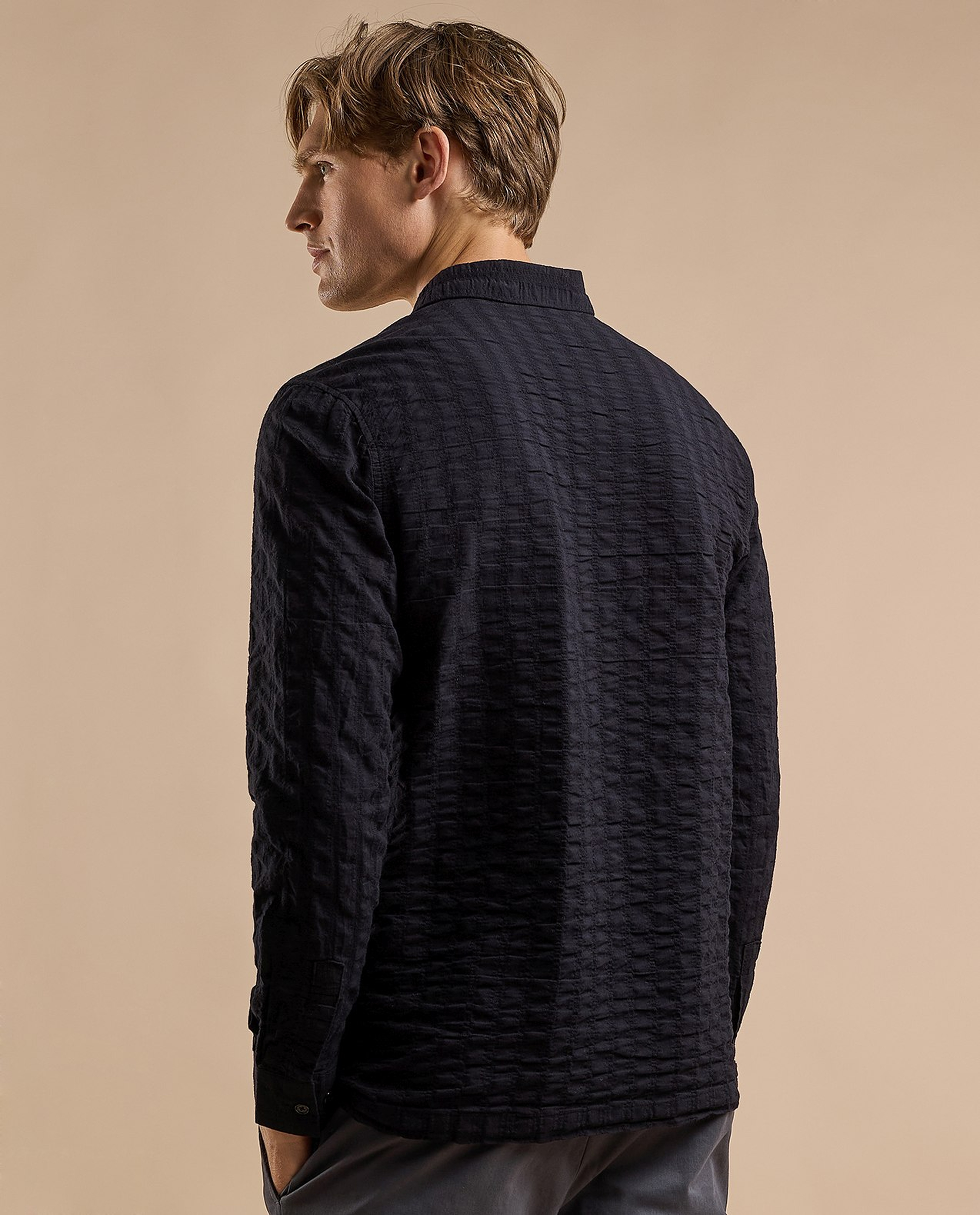 Textured Hooded Shirt with Classic Collar and Long Sleeves