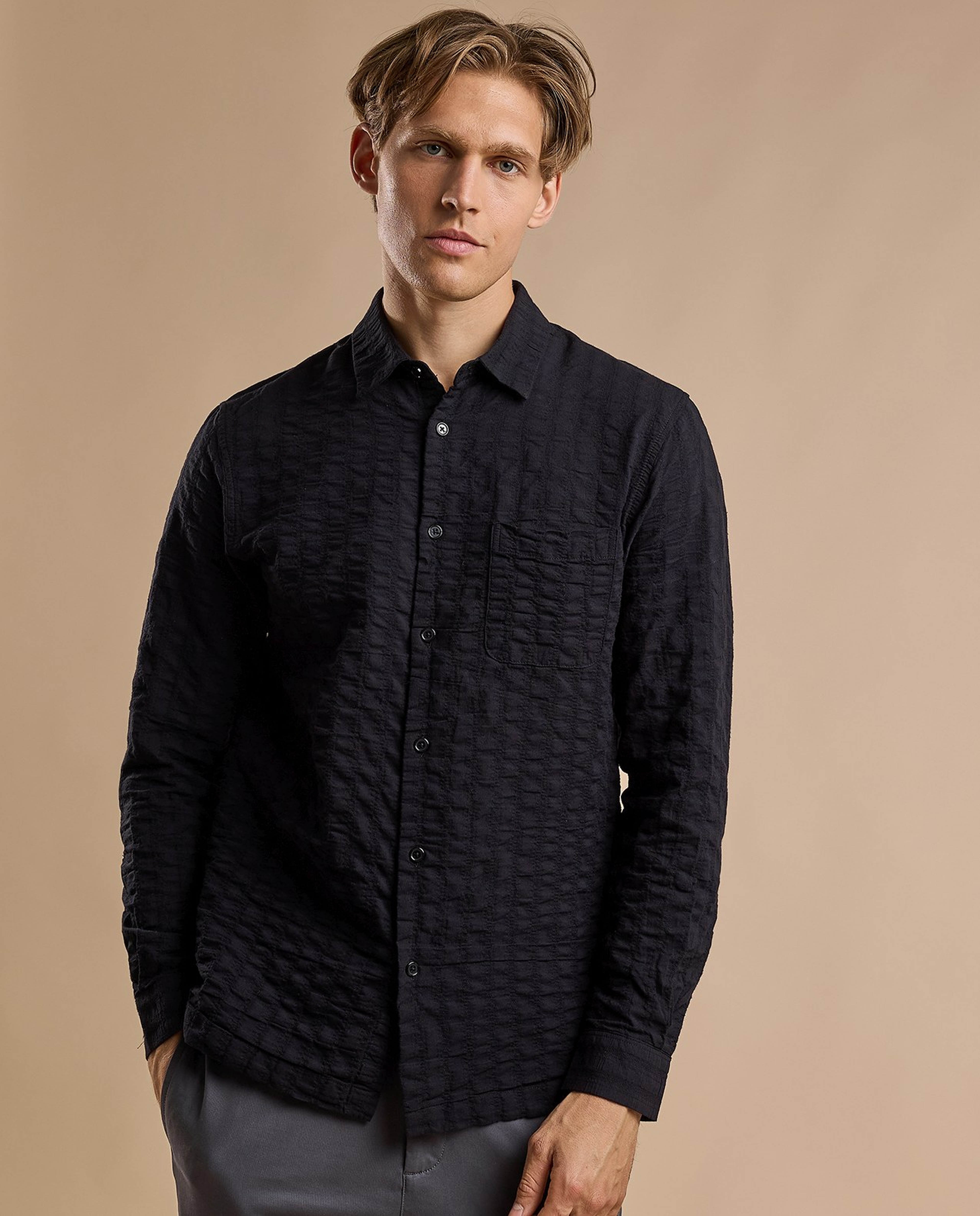 Textured Hooded Shirt with Classic Collar and Long Sleeves