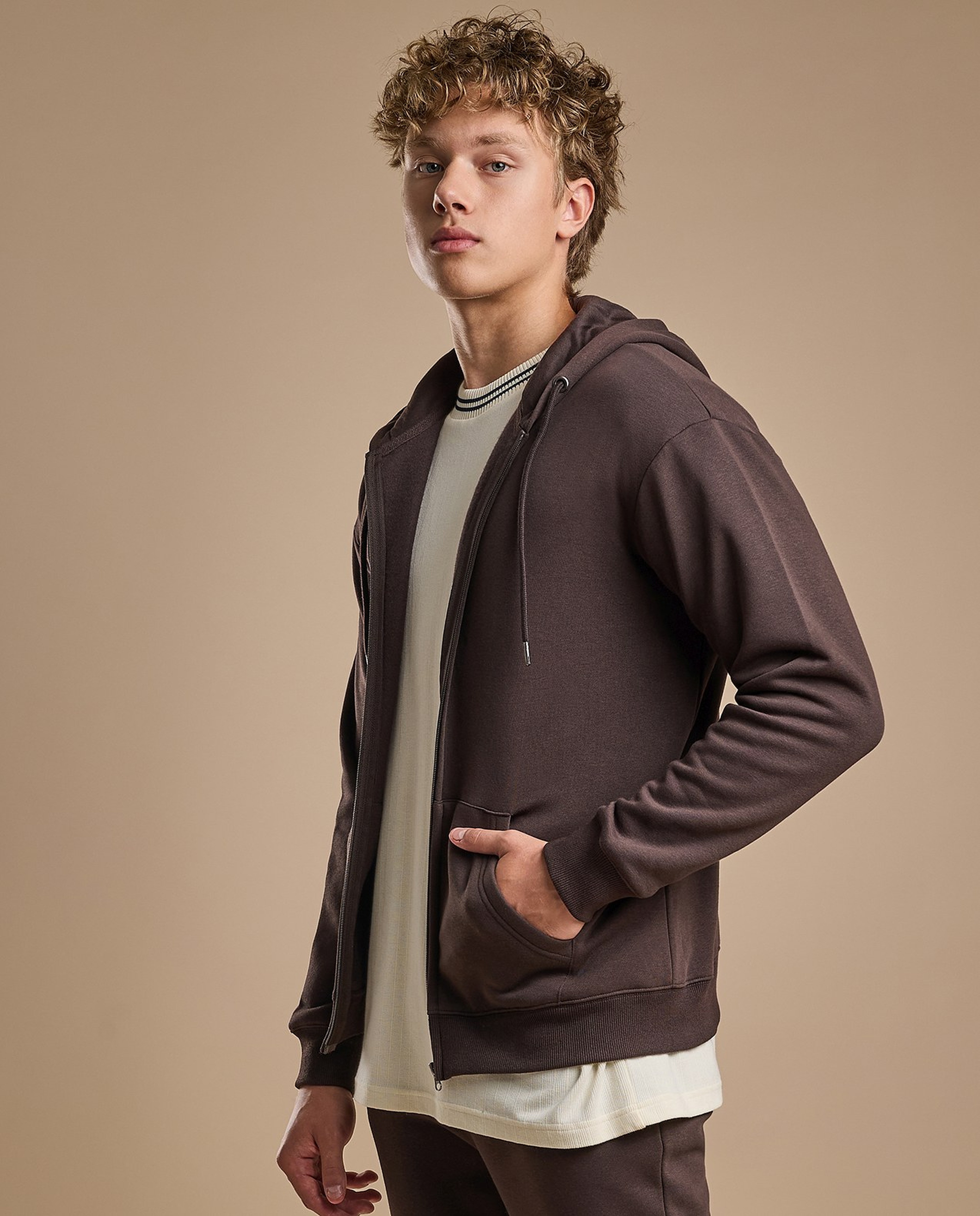 Solid Hooded Jacket with Zipper Closure