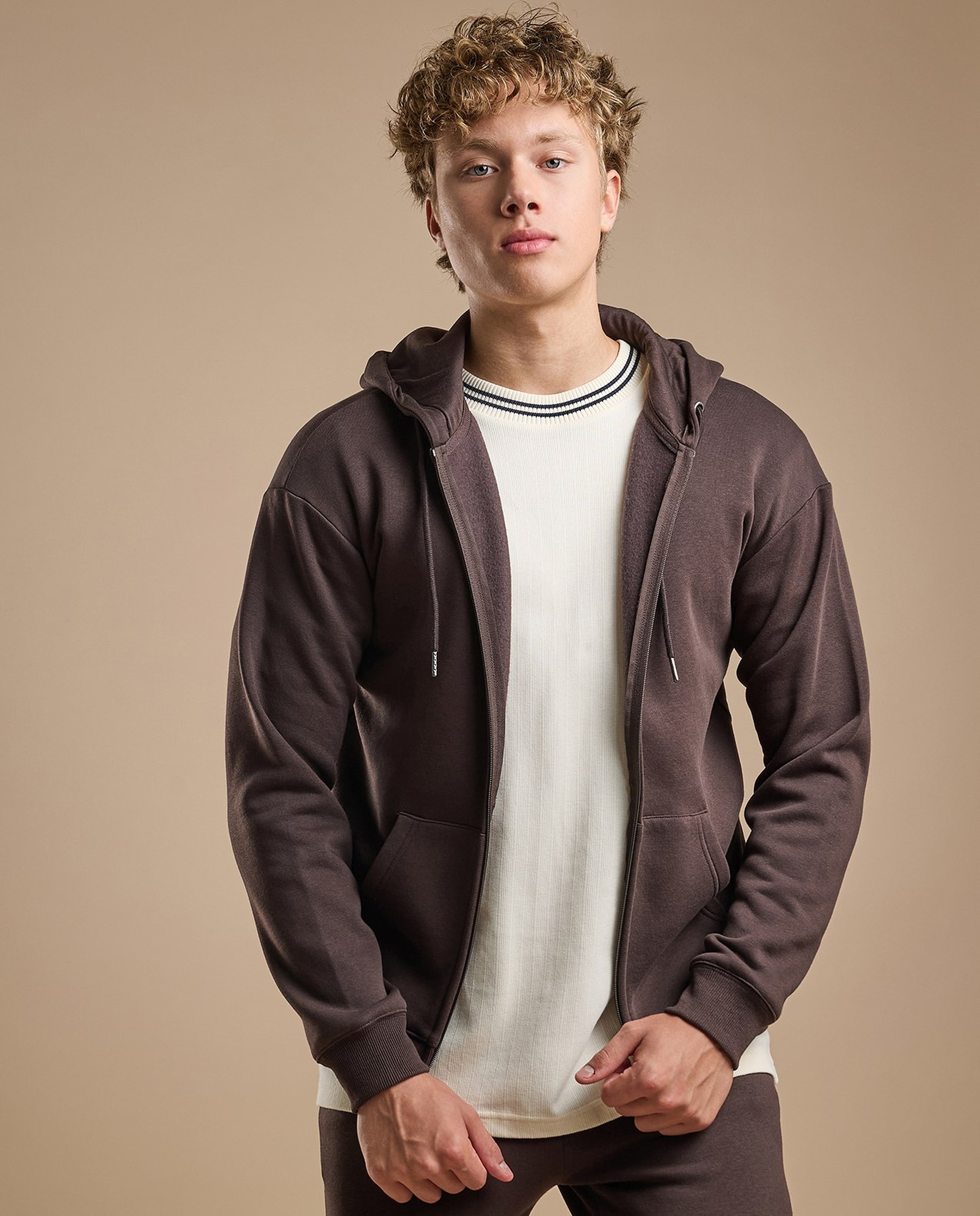 Solid Hooded Jacket with Zipper Closure