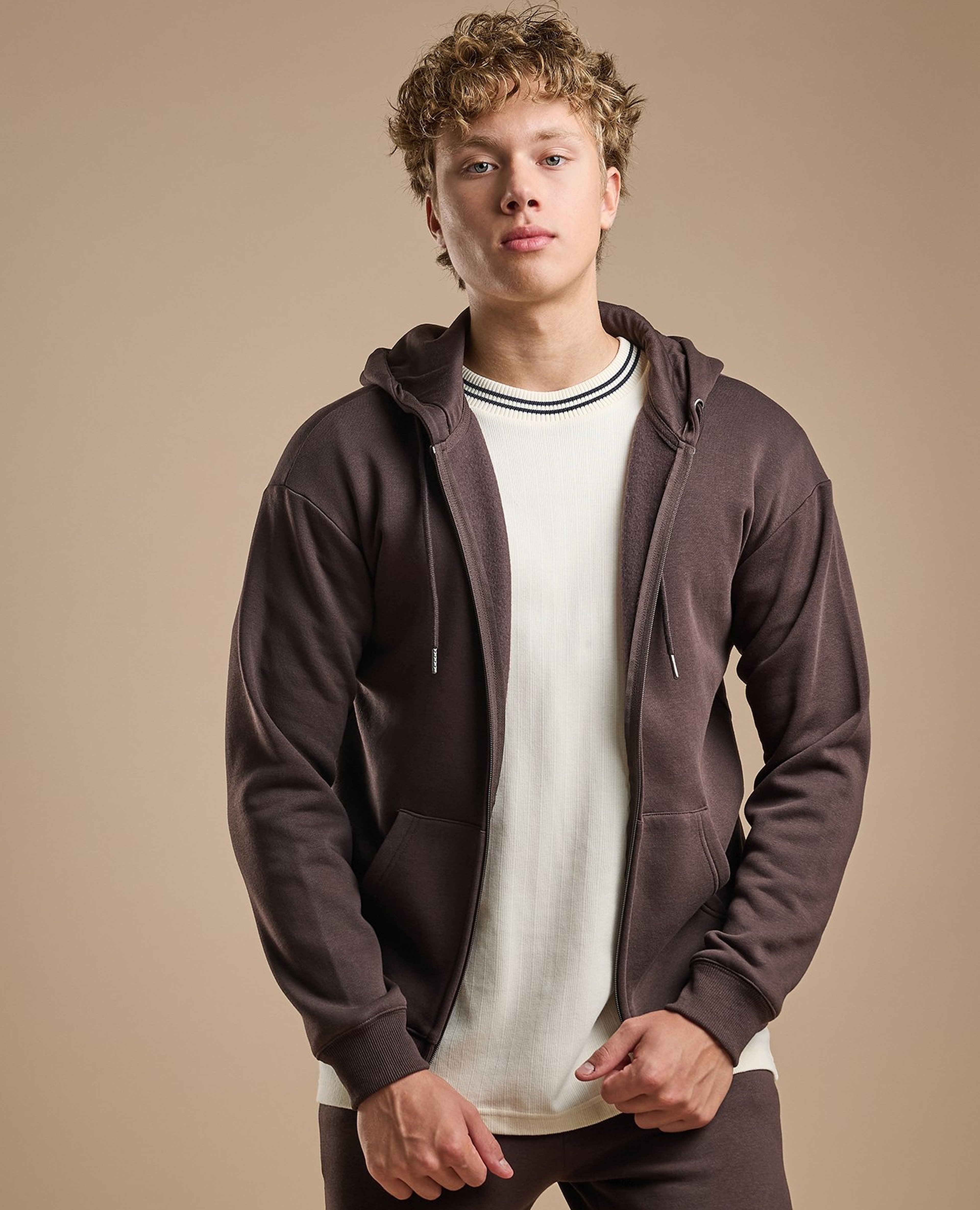 Solid Hooded Jacket with Zipper Closure