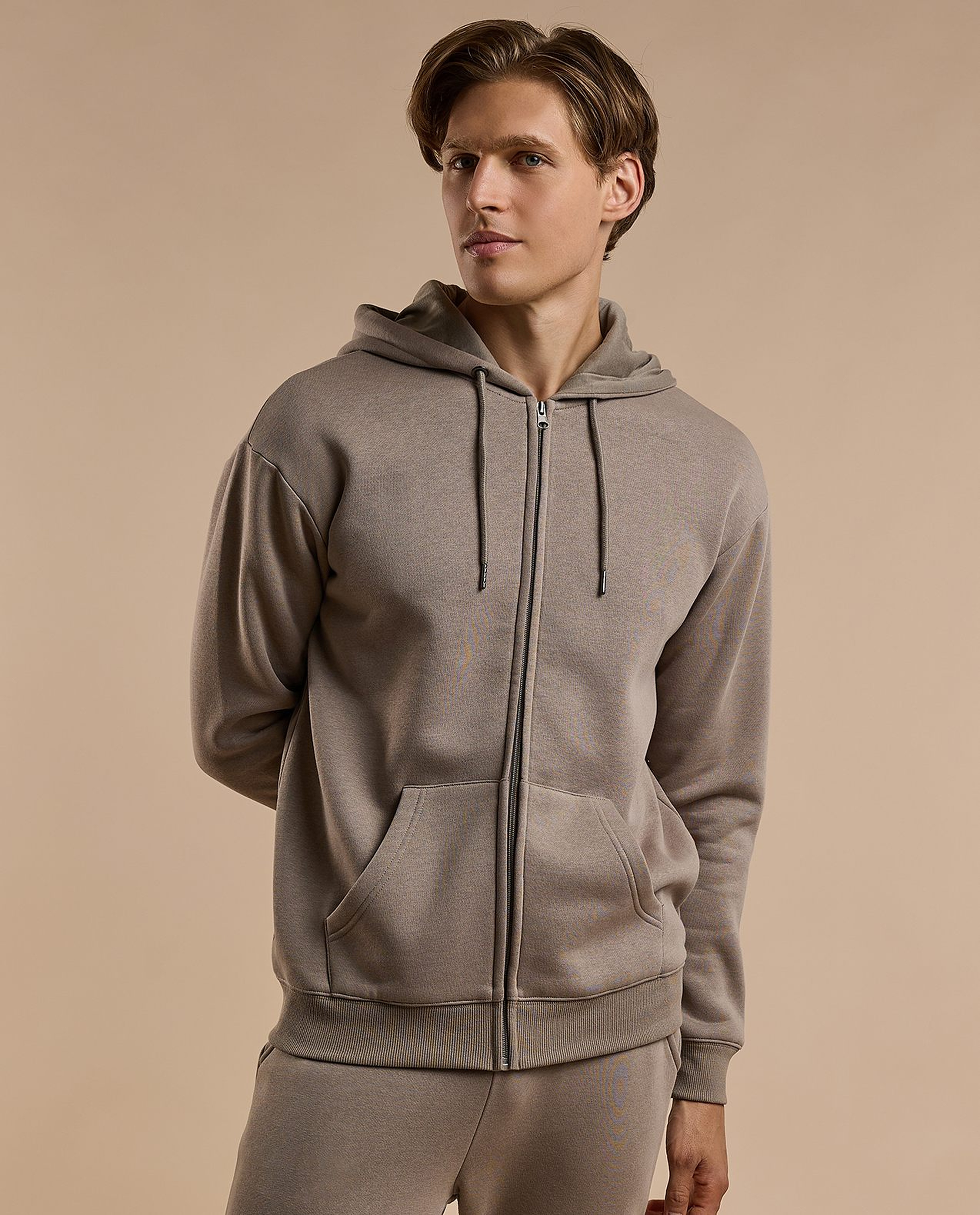 Solid Hooded Jacket with Zipper Closure