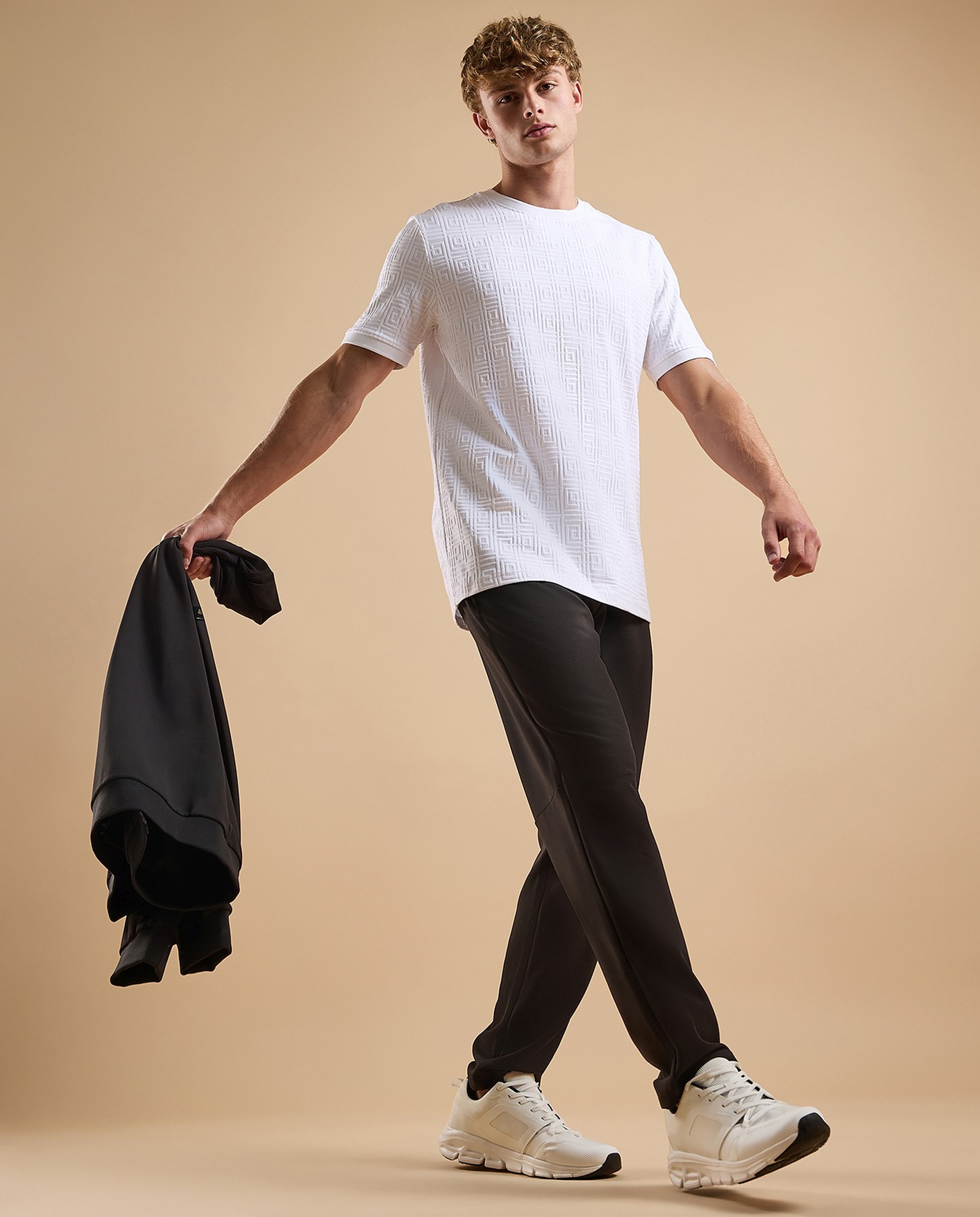 Self Patterned T-Shirt with Crew Neck and Short Sleeves