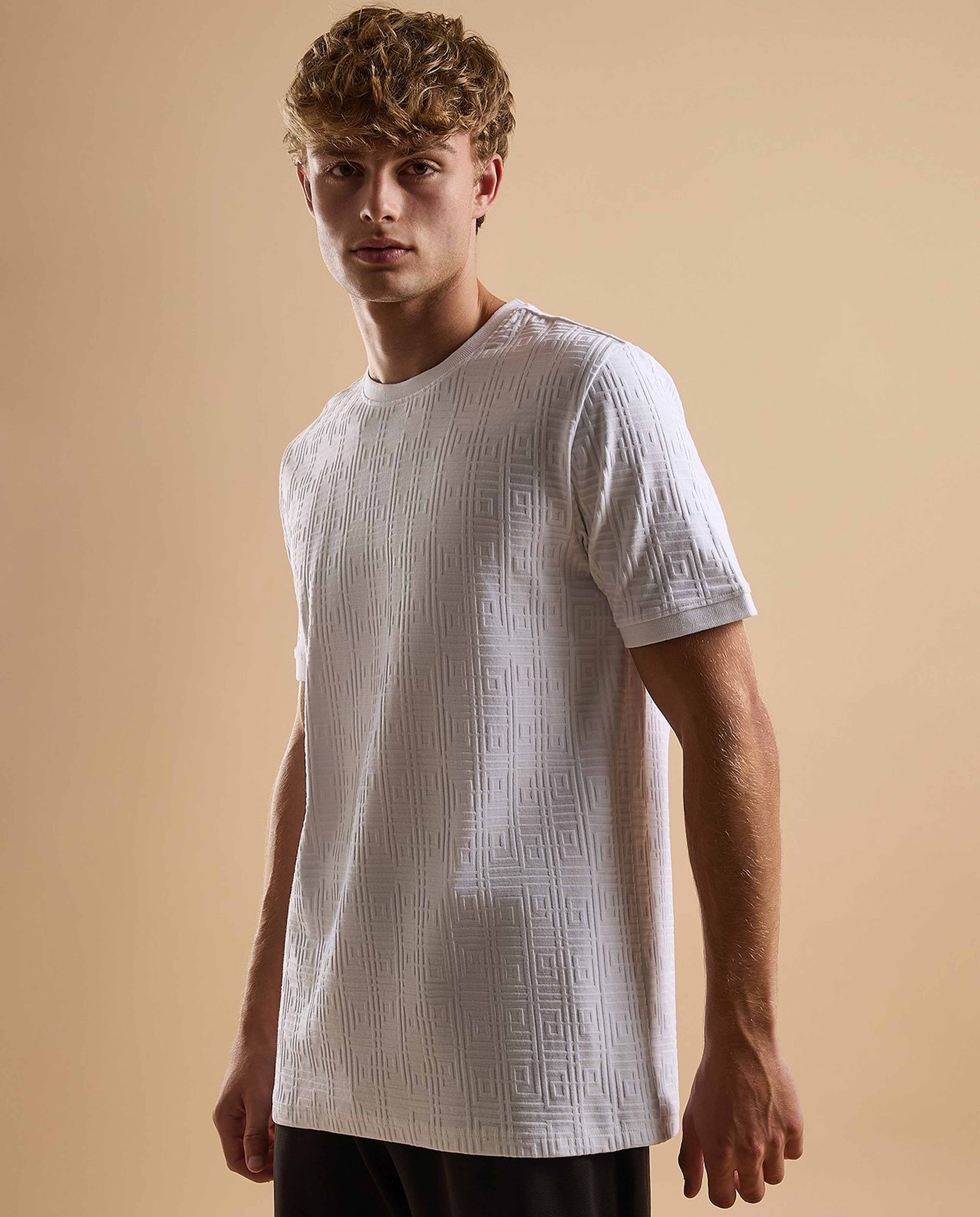 Self Patterned T-Shirt with Crew Neck and Short Sleeves