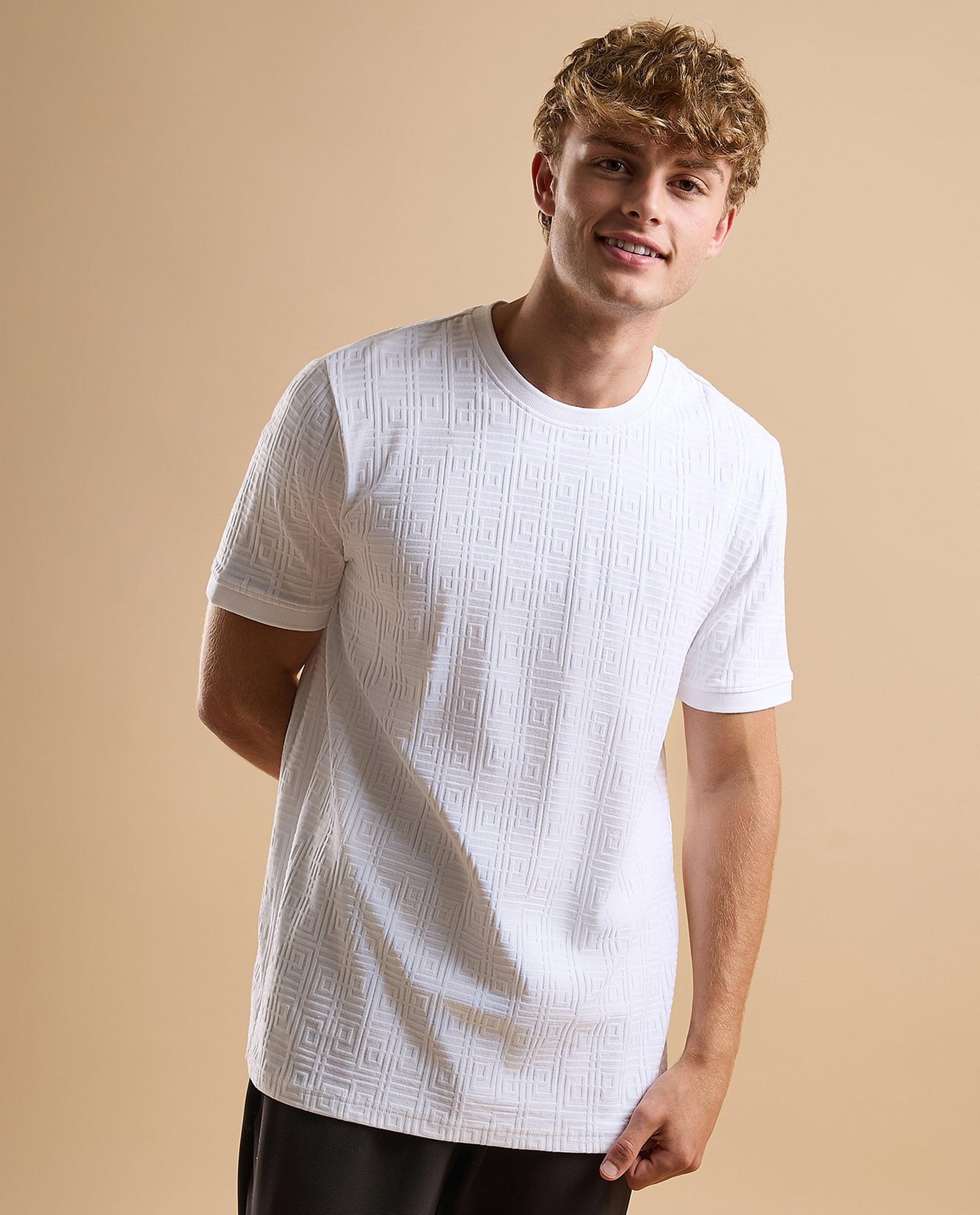 Self Patterned T-Shirt with Crew Neck and Short Sleeves