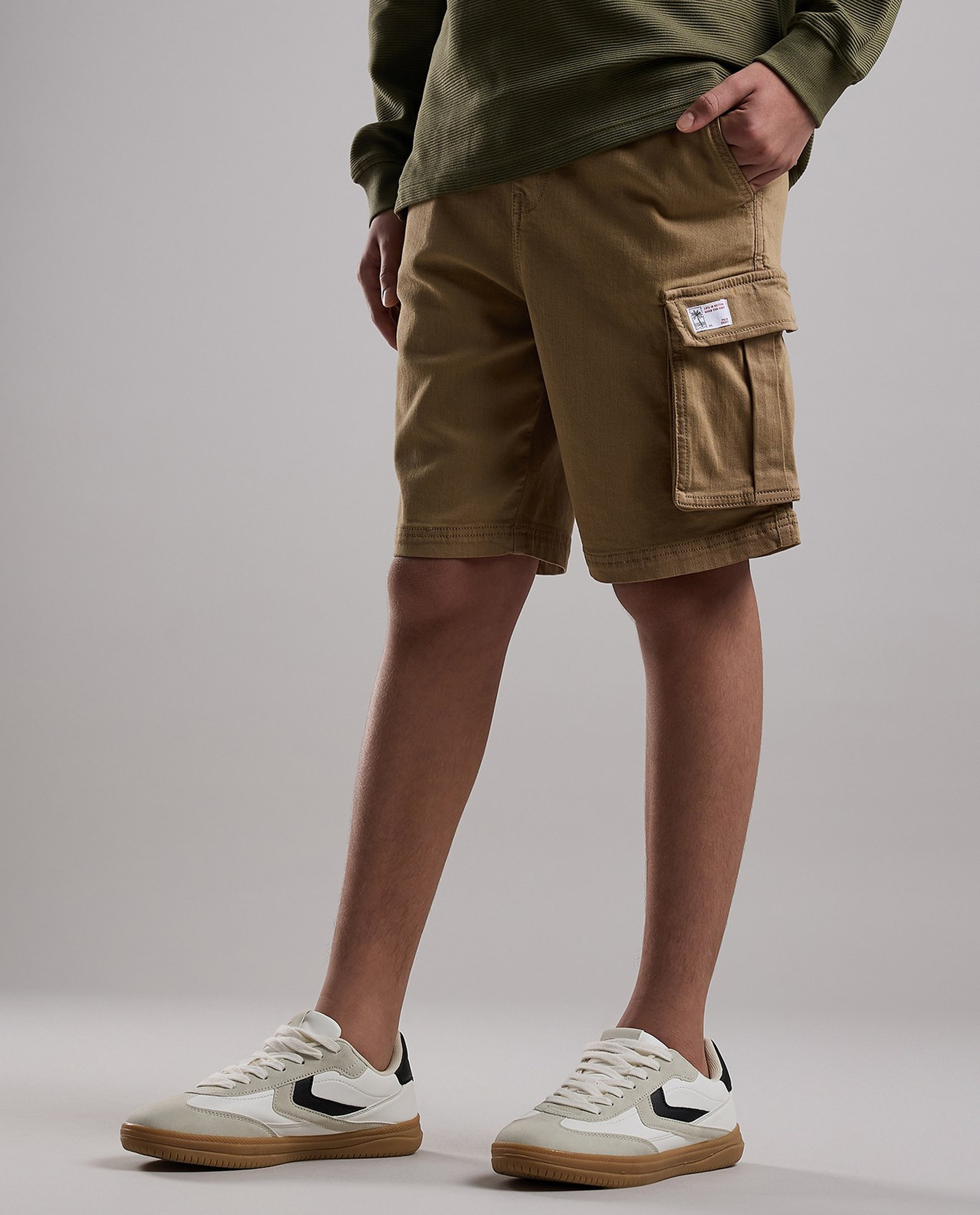 Solid Cargo Shorts with Button Closure