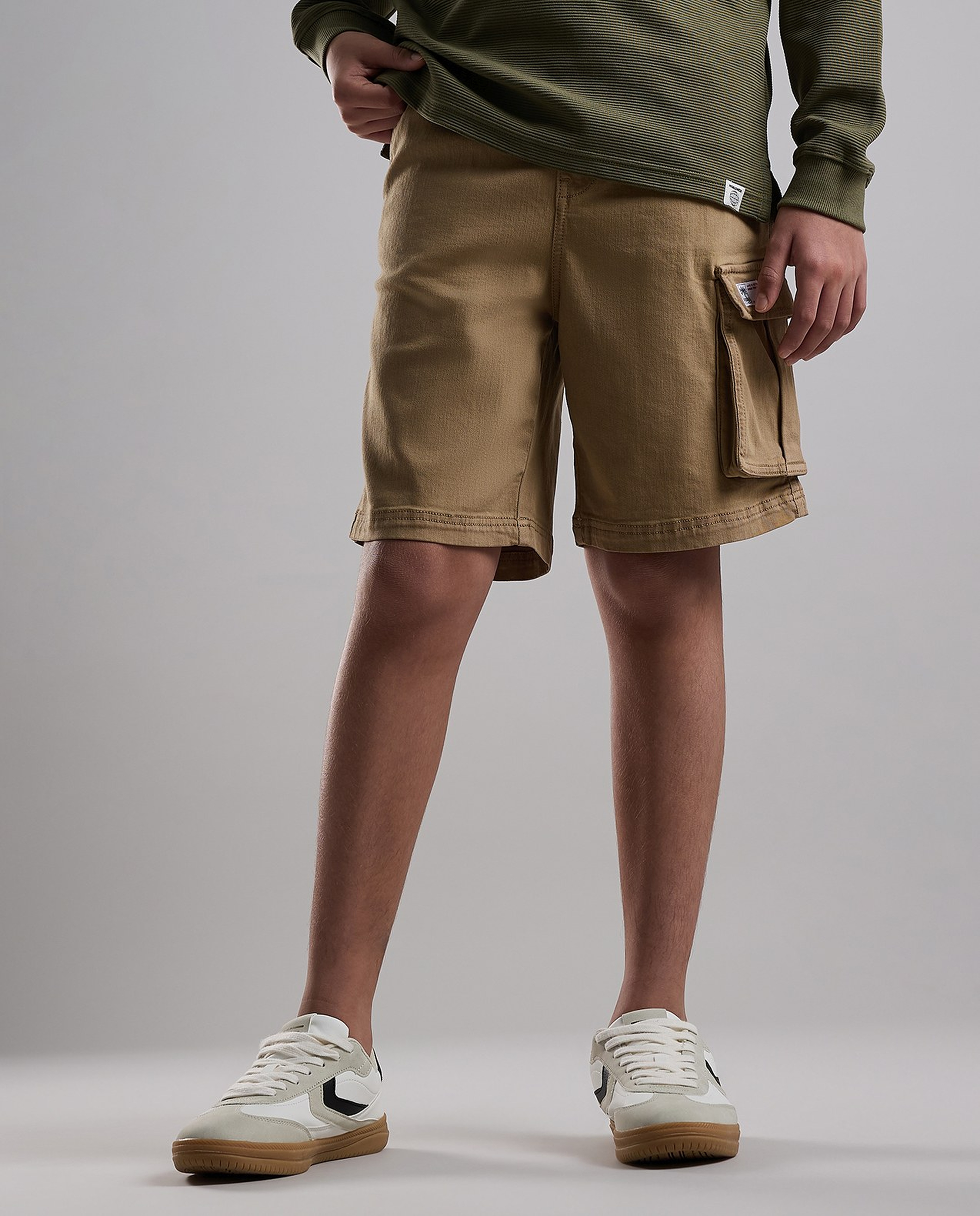 Solid Cargo Shorts with Button Closure