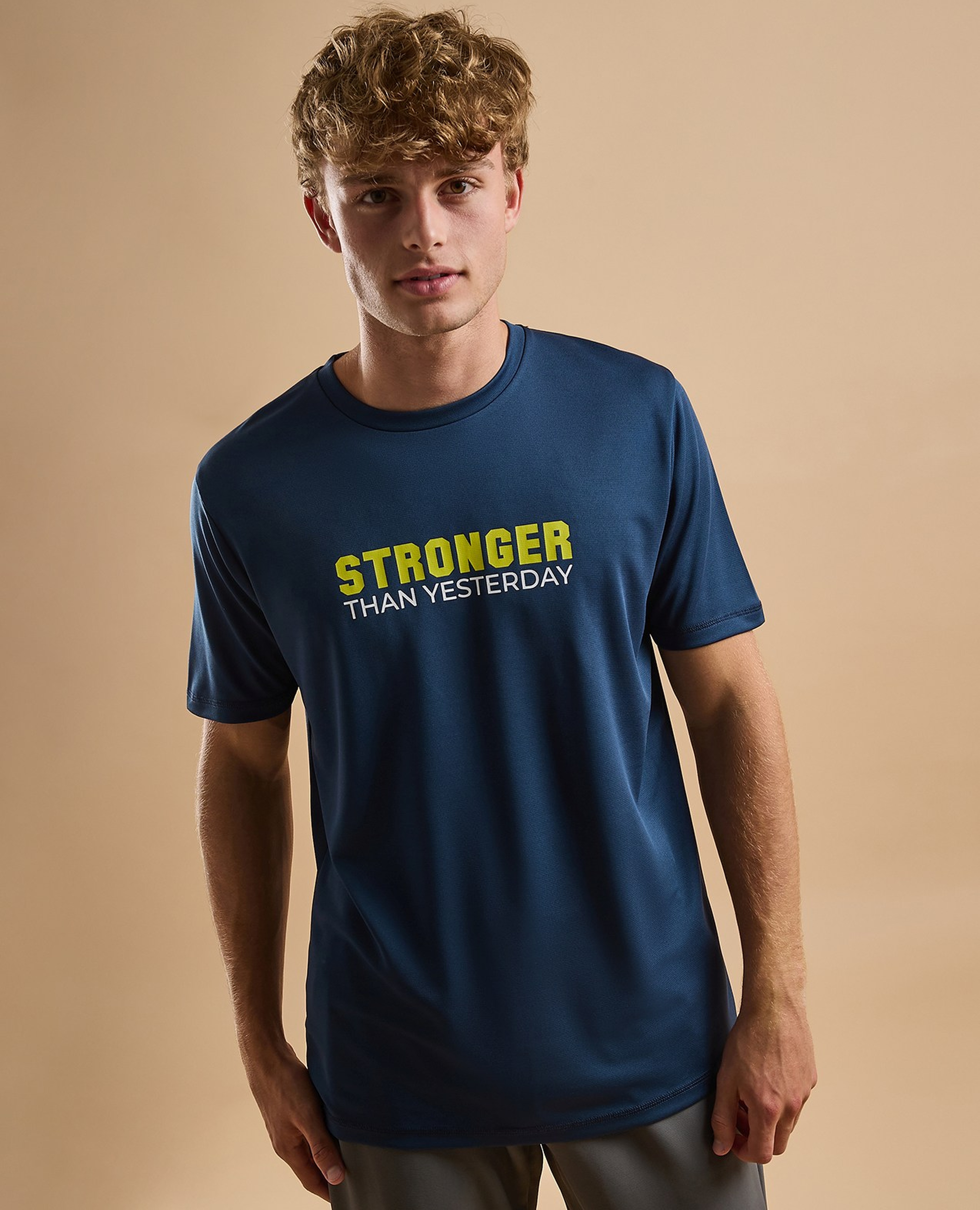 Typography Active T-Shirt with Crew Neck and Short Sleeves