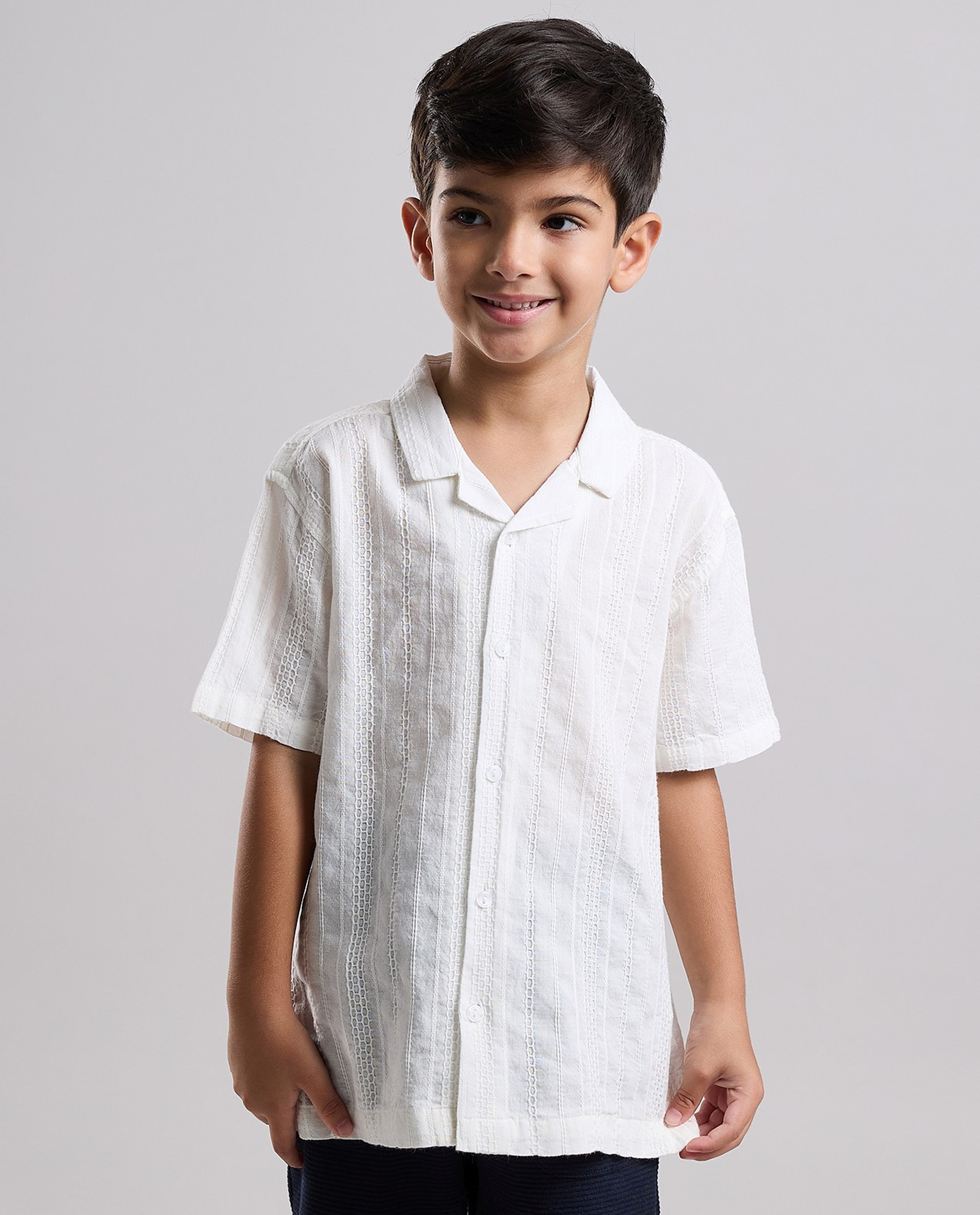 Embroidered Shirt with Revere Collar and Short Sleeves