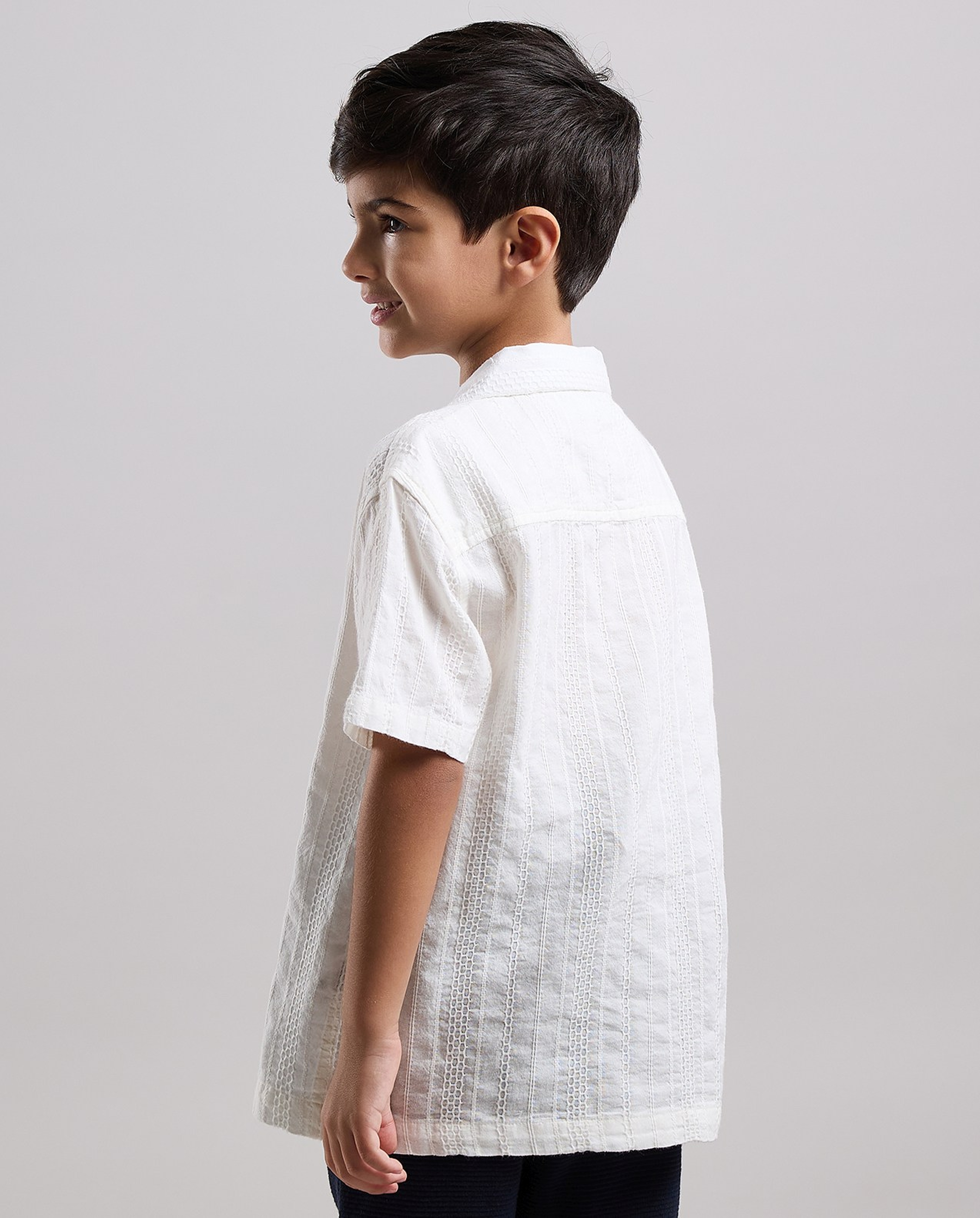 Embroidered Shirt with Revere Collar and Short Sleeves