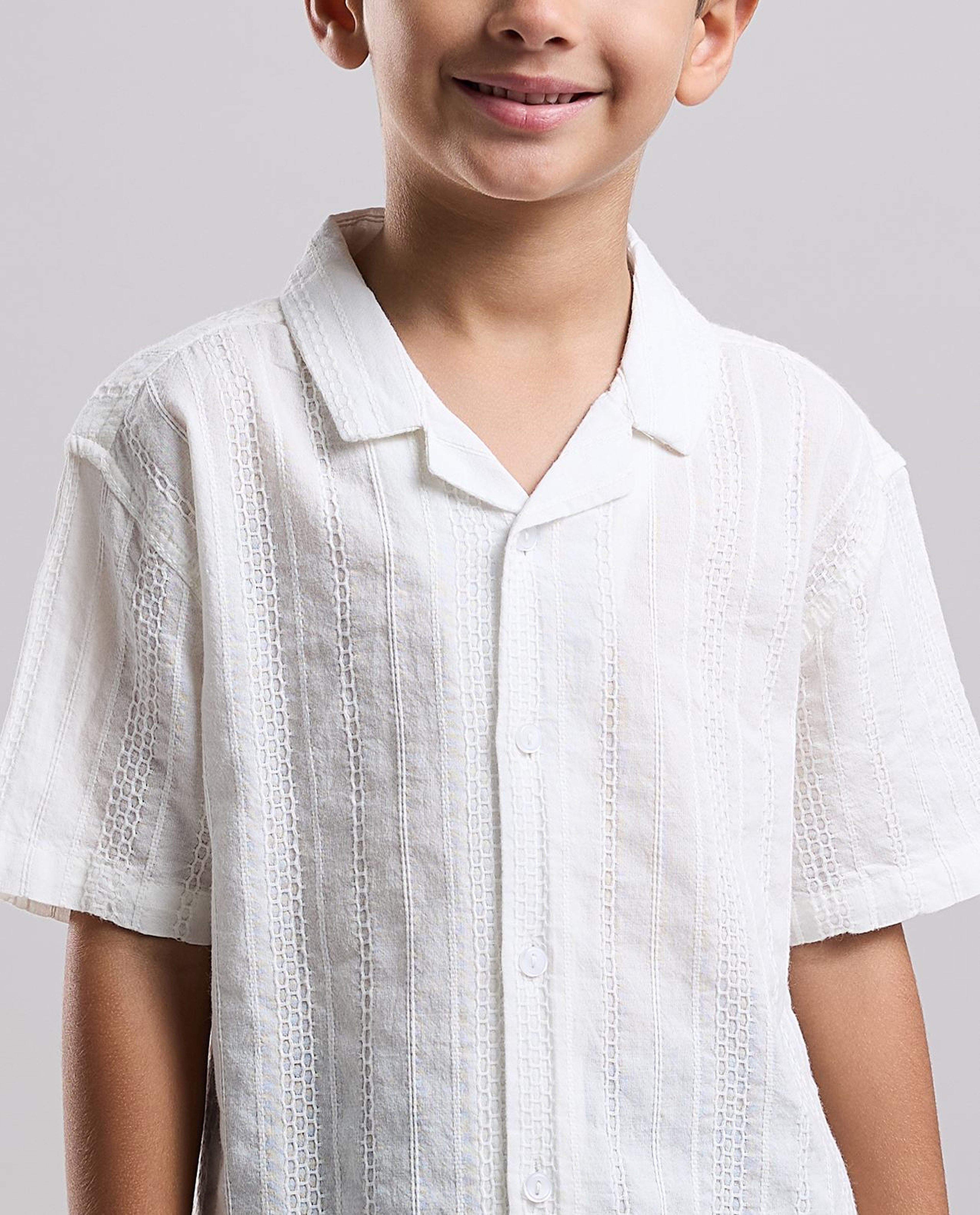 Embroidered Shirt with Revere Collar and Short Sleeves