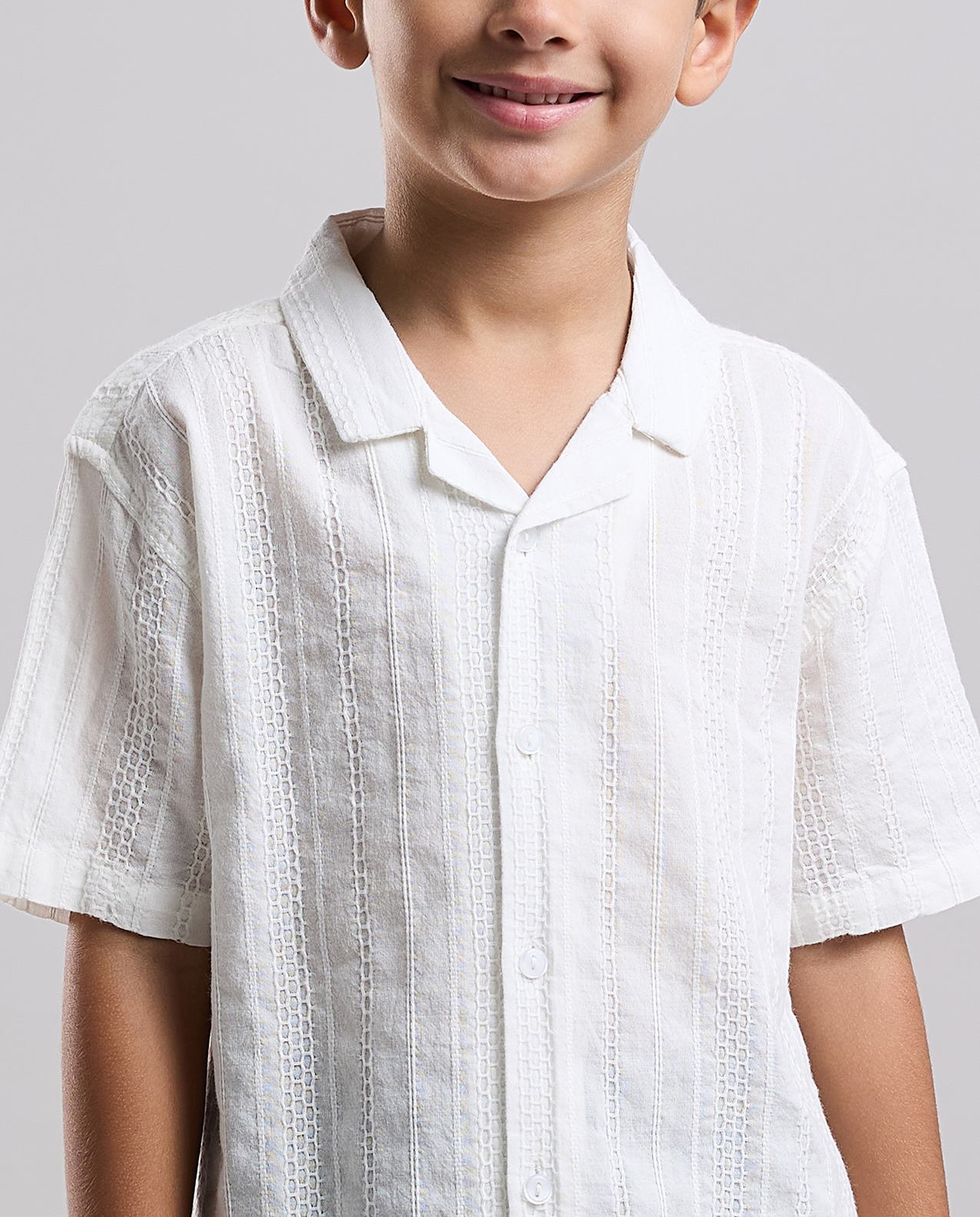 Embroidered Shirt with Revere Collar and Short Sleeves