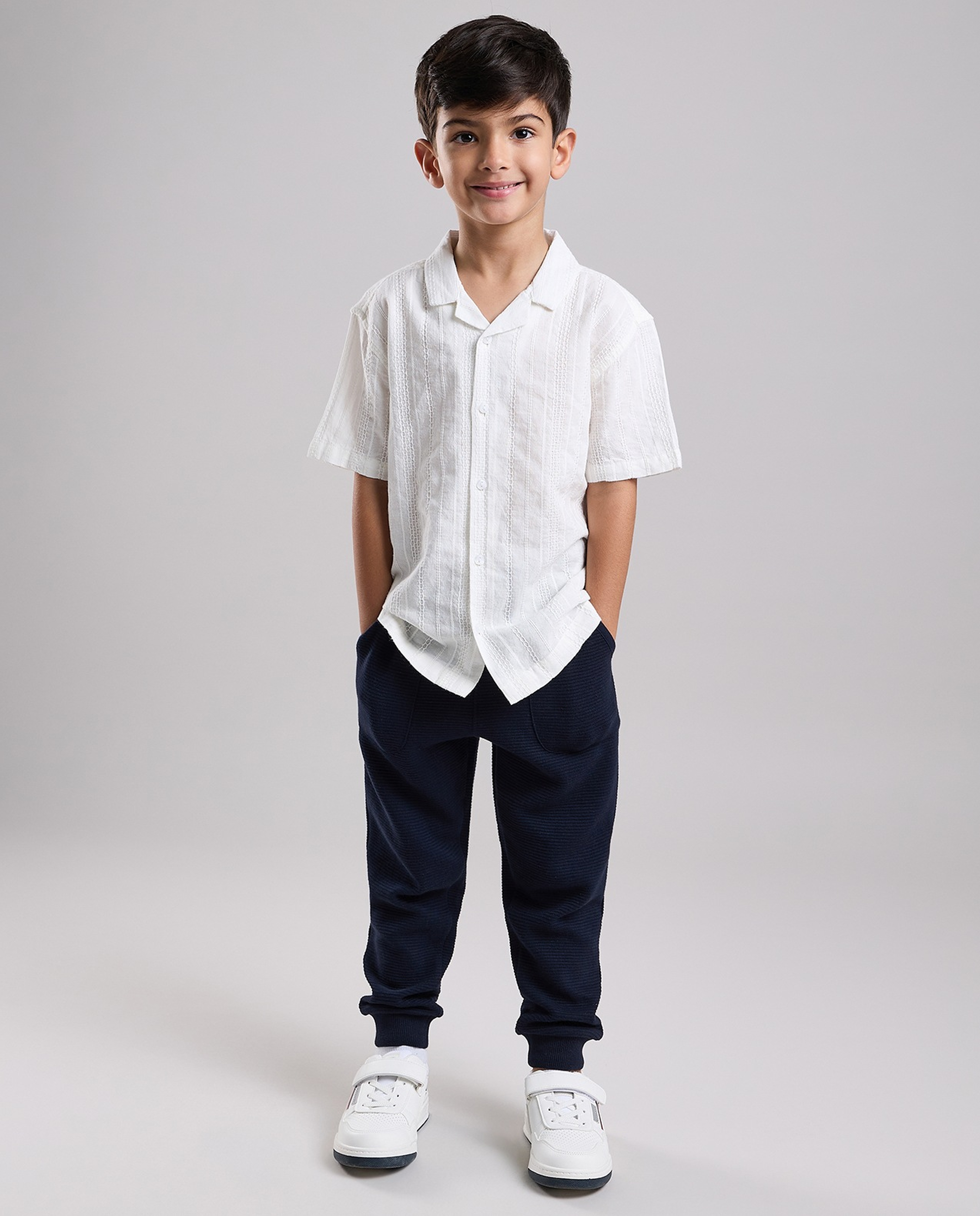 Embroidered Shirt with Revere Collar and Short Sleeves