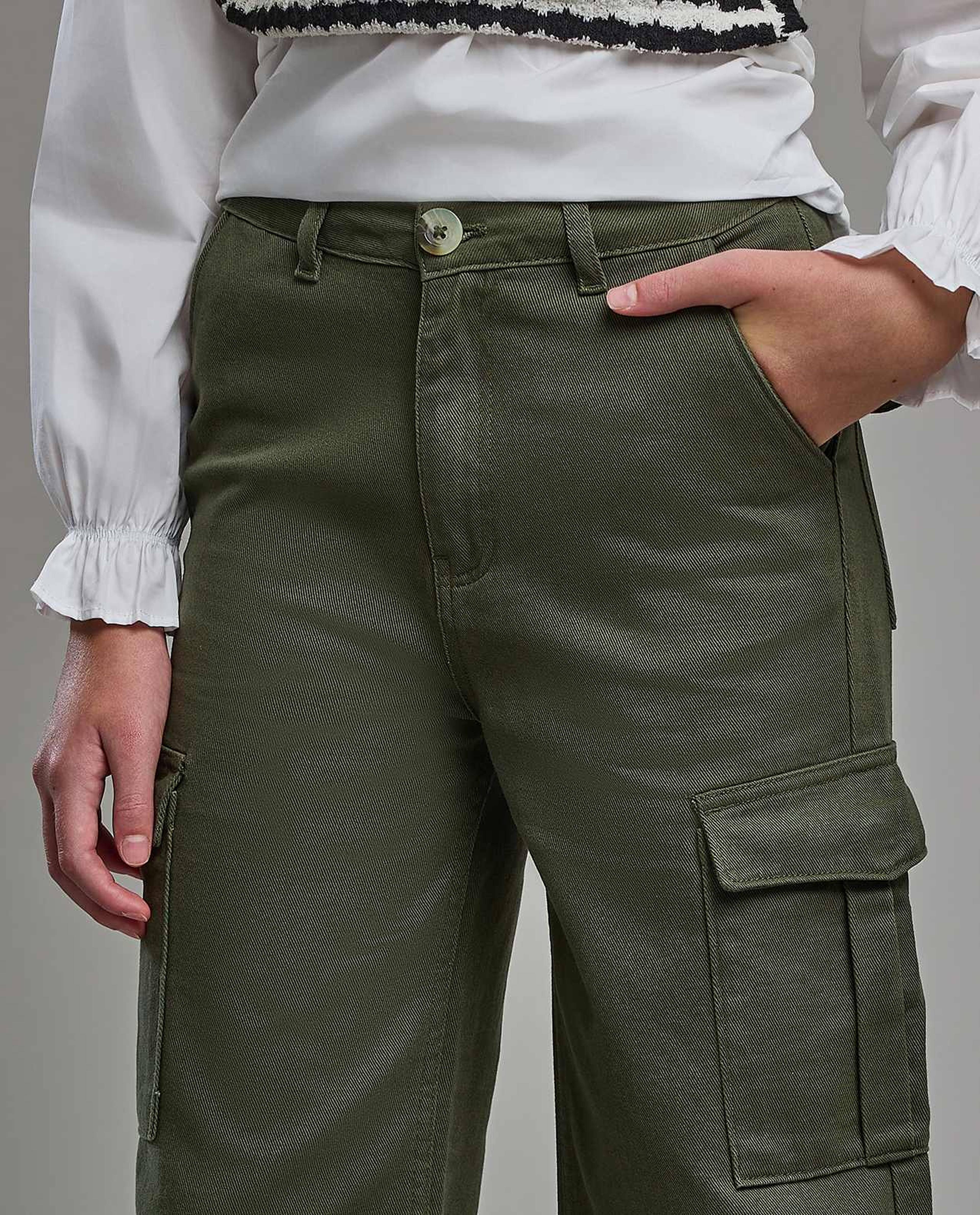 Solid Cargo Pants with Button Closure