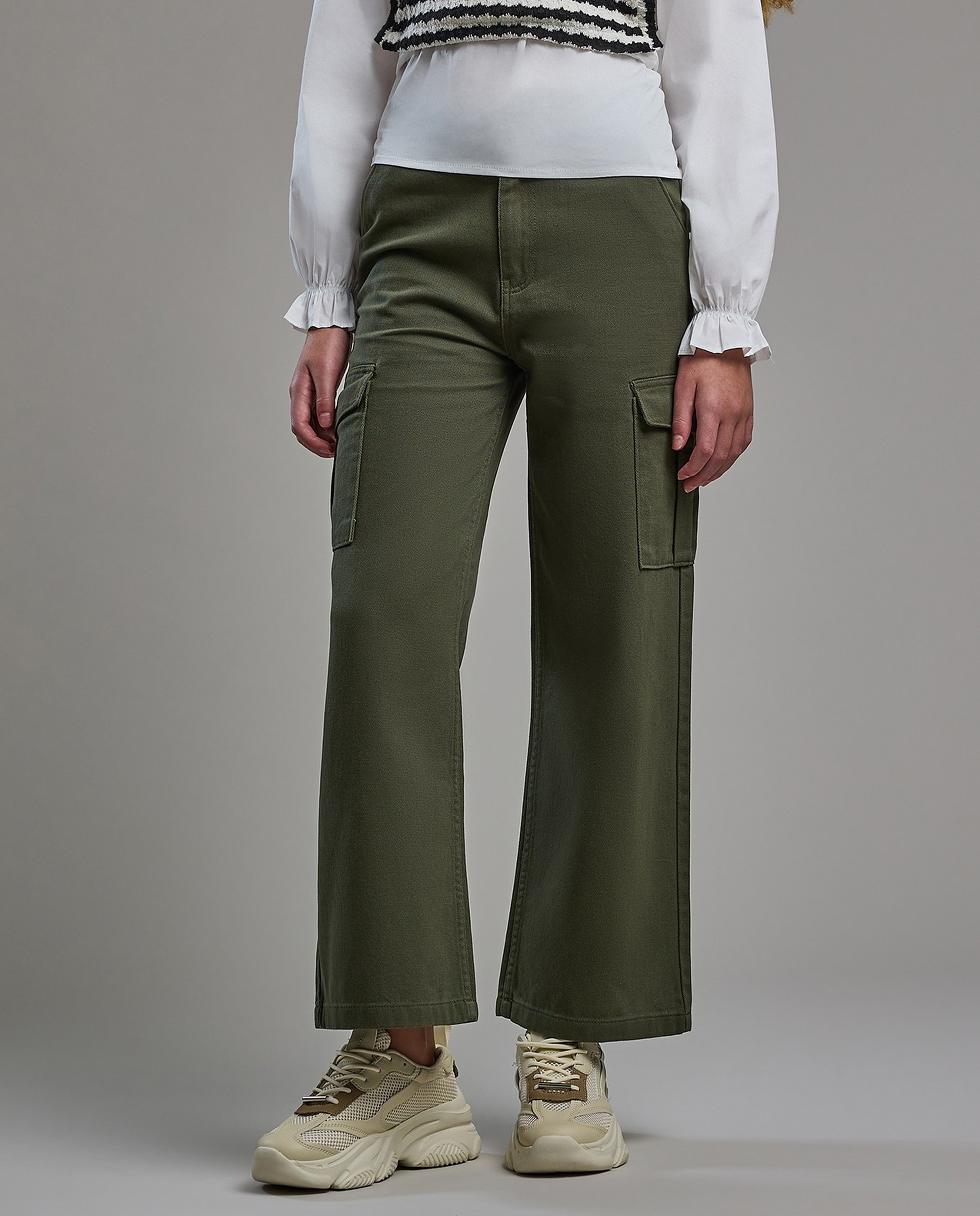 Solid Cargo Pants with Button Closure