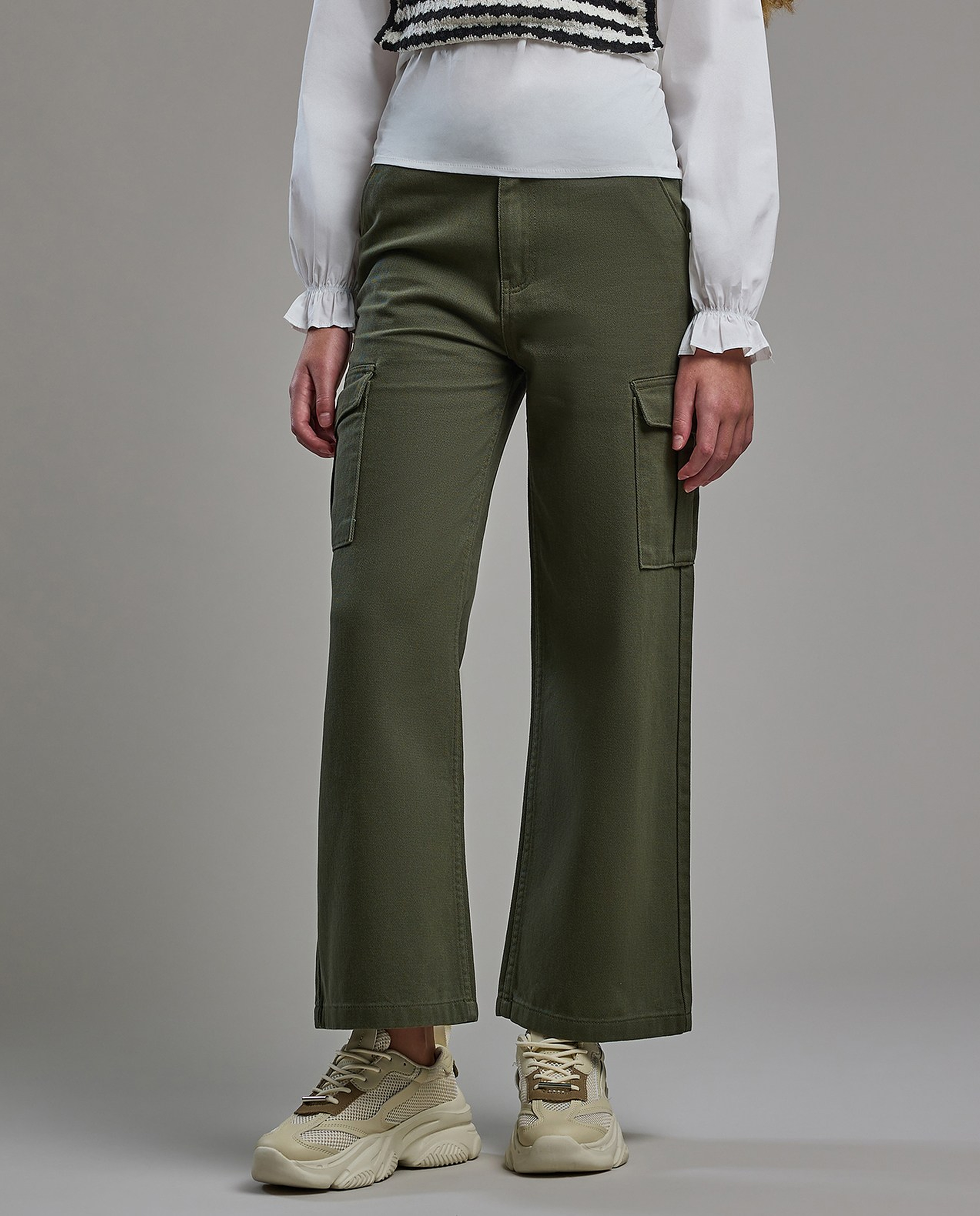 Solid Cargo Pants with Button Closure