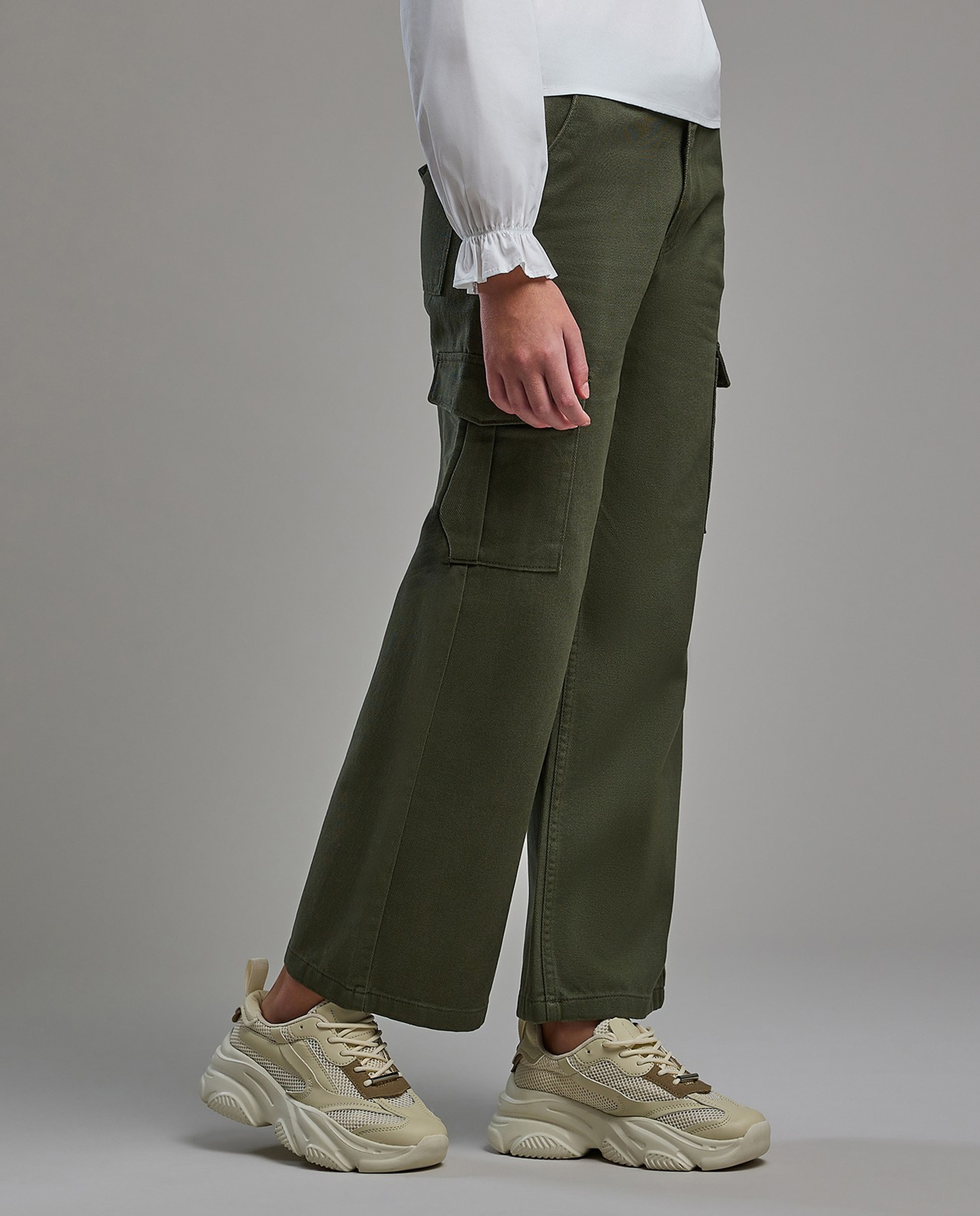 Solid Cargo Pants with Button Closure