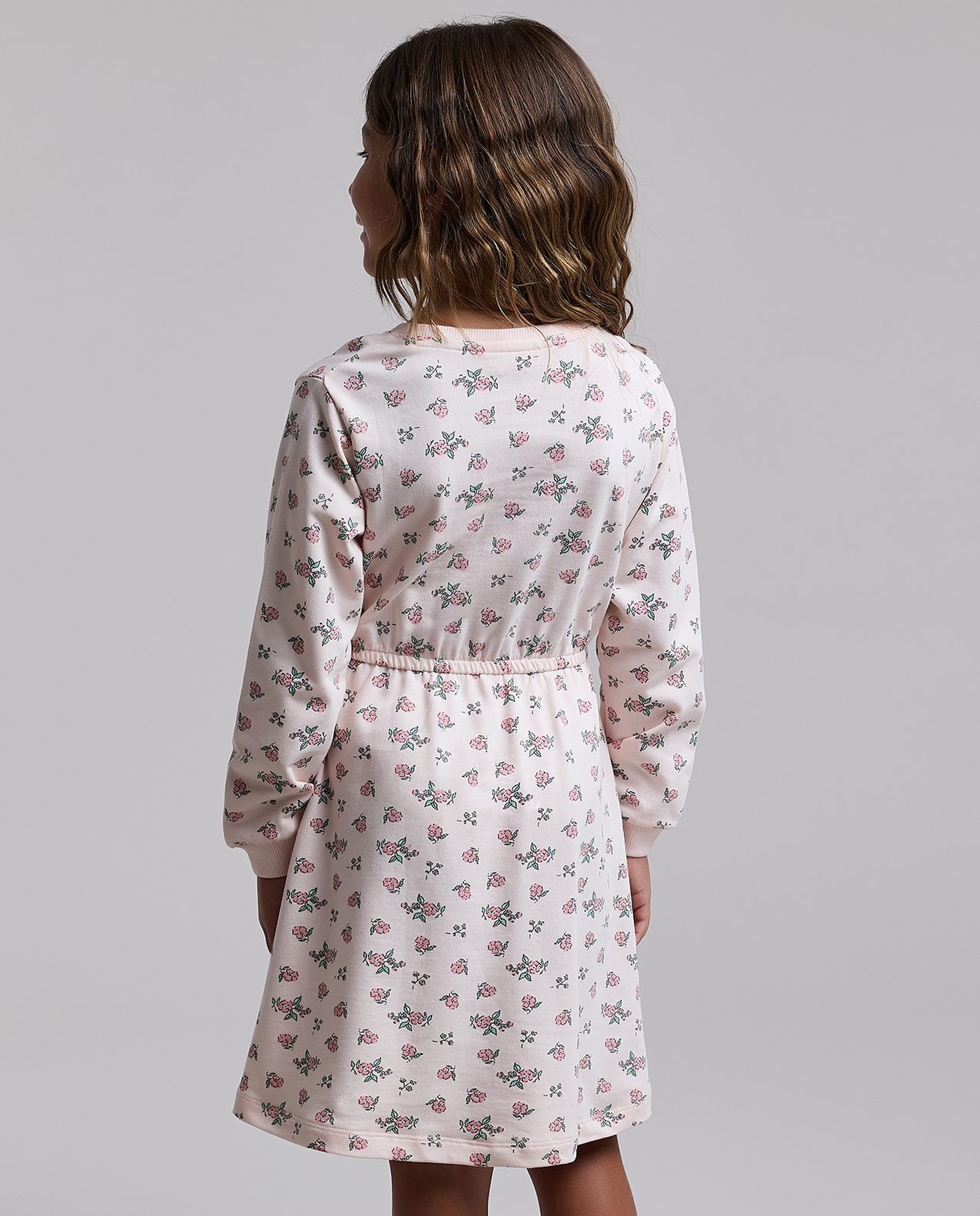 Printed Knit Dress with Crew Neck and Long Sleeves