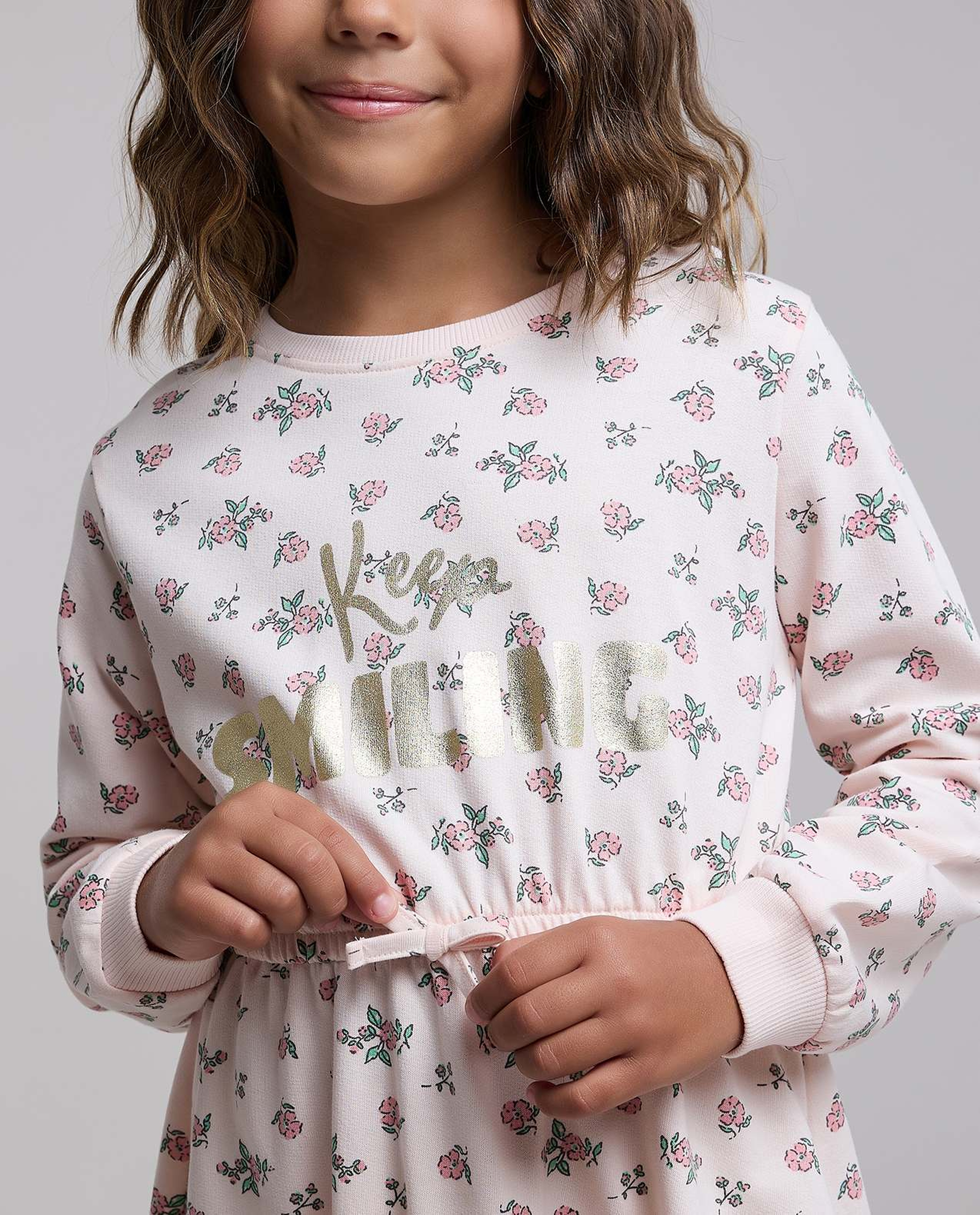 Printed Knit Dress with Crew Neck and Long Sleeves