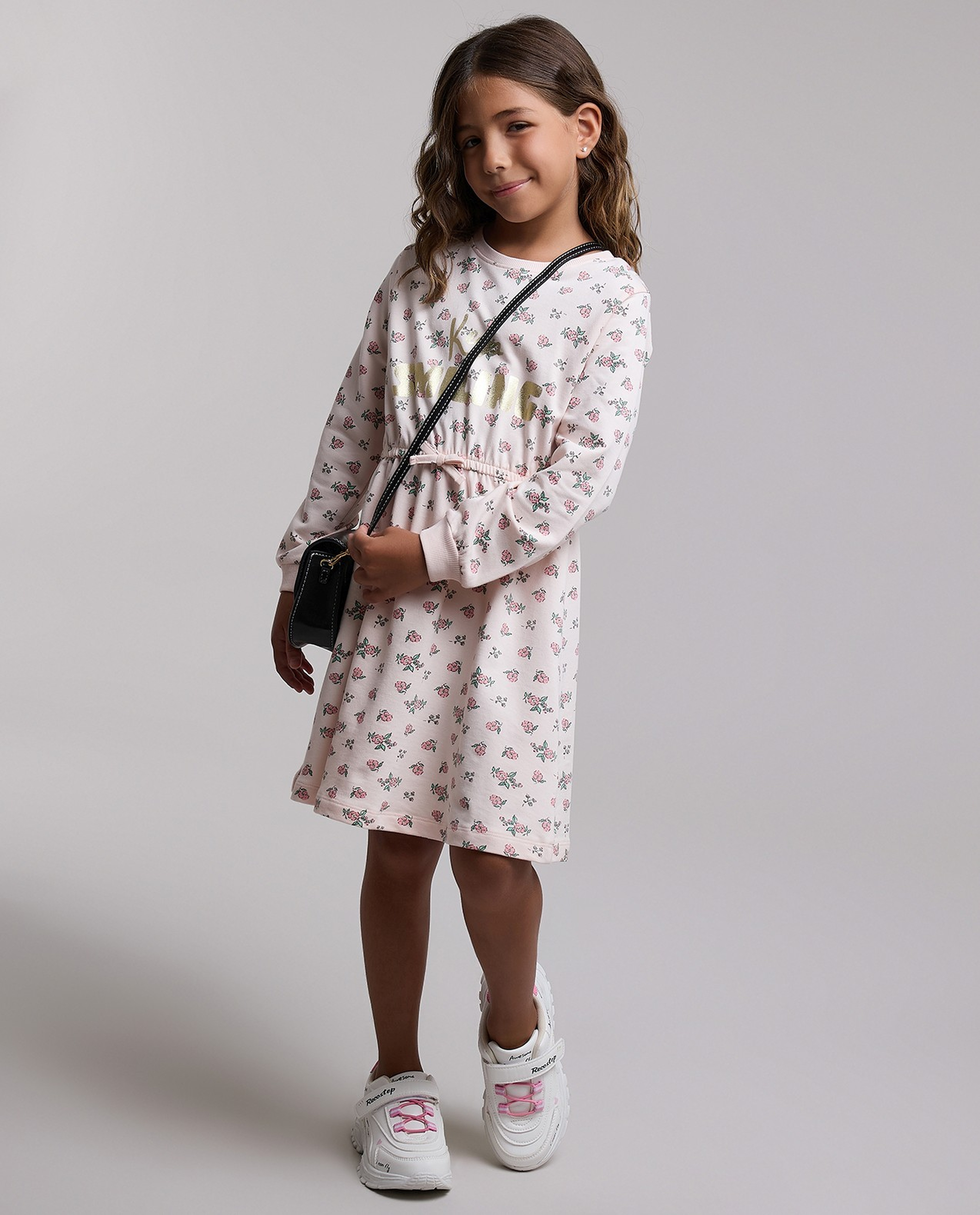 Printed Knit Dress with Crew Neck and Long Sleeves