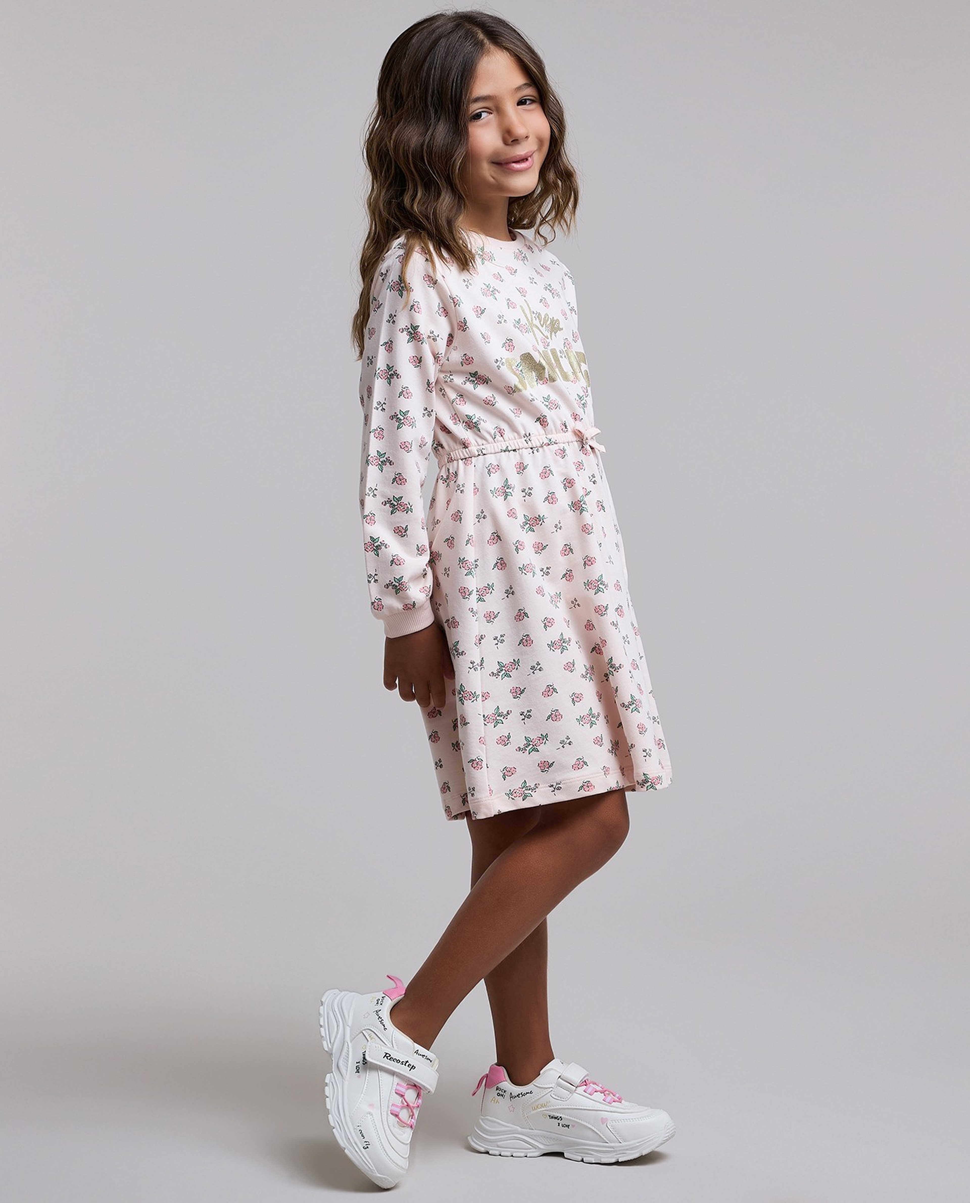 Printed Knit Dress with Crew Neck and Long Sleeves